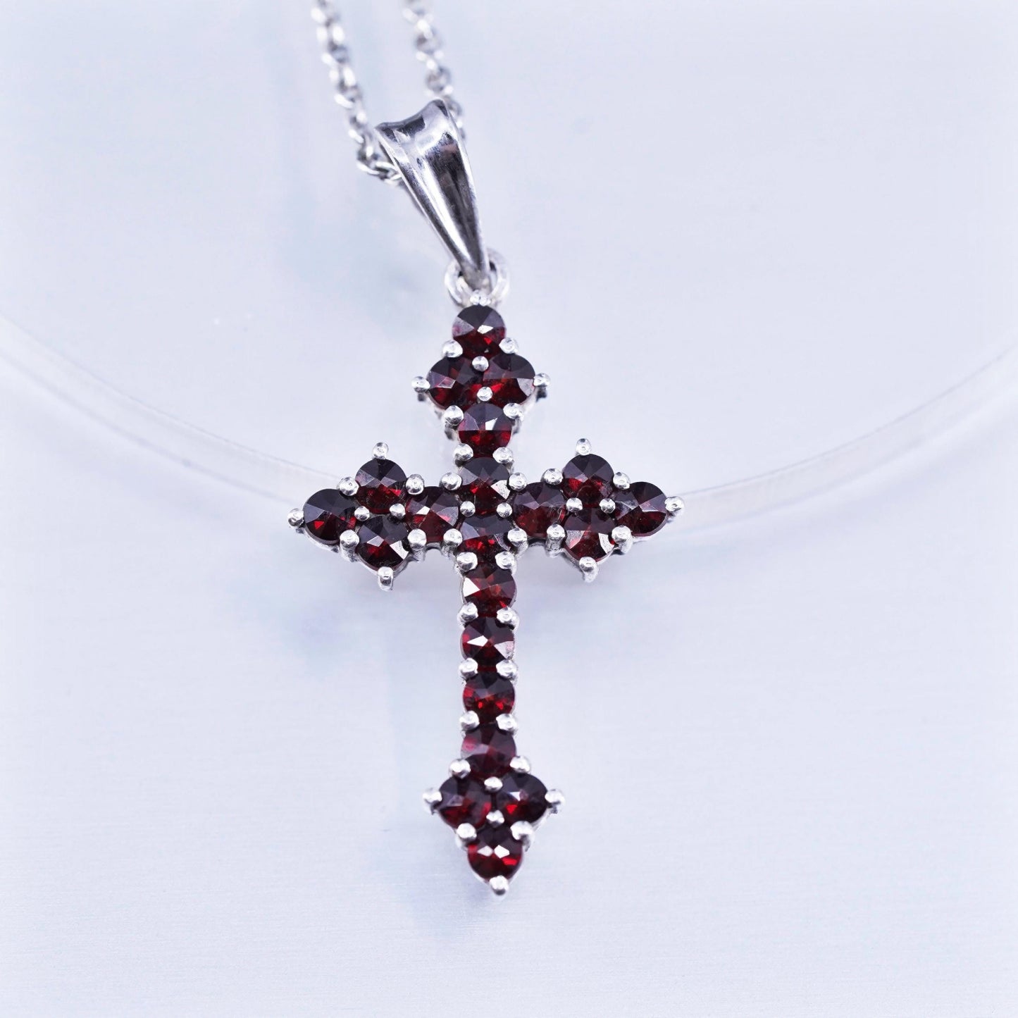 18”, vintage Sterling 925 silver circle necklace w/ cluster ruby cross pendant