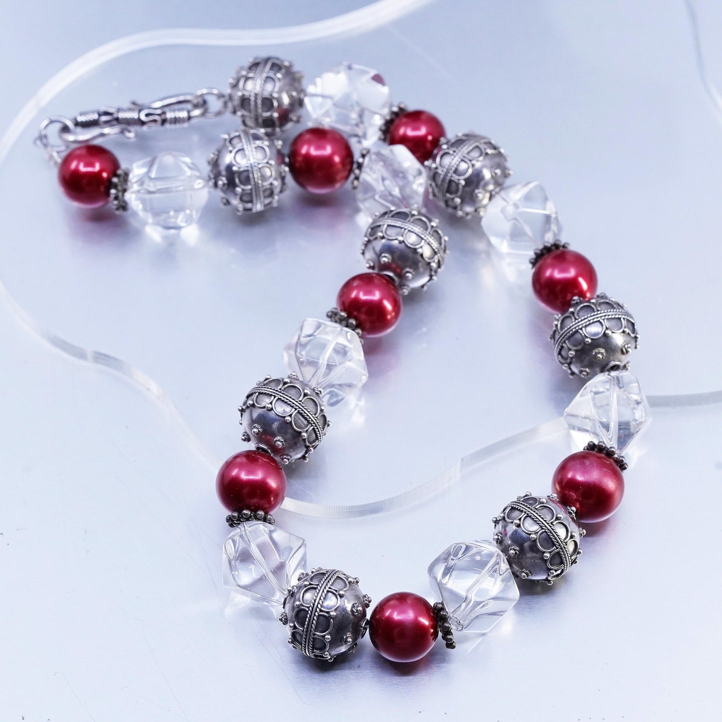 16", Sterling 925 silver chunky necklace with 17mm beads clear crystal nugget