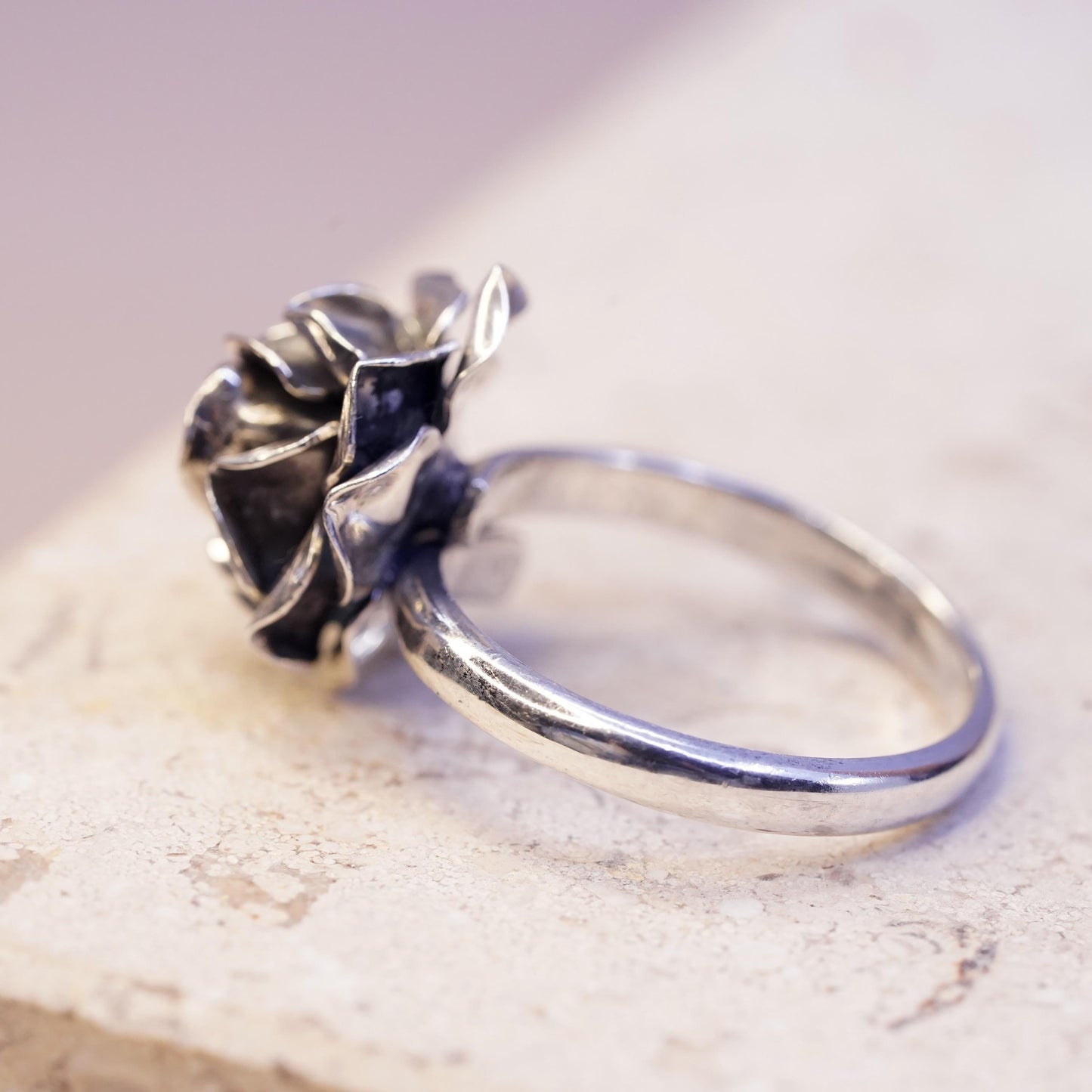 Size 8.5 adjustable, vintage Mexican Sterling silver ring, 925 rose flower band