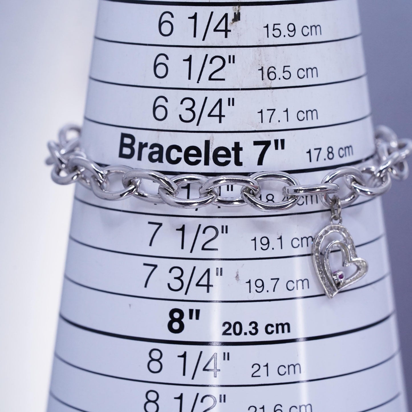 7.25”, Sterling silver bracelet, 925 bold oval chain with crystal heart charm