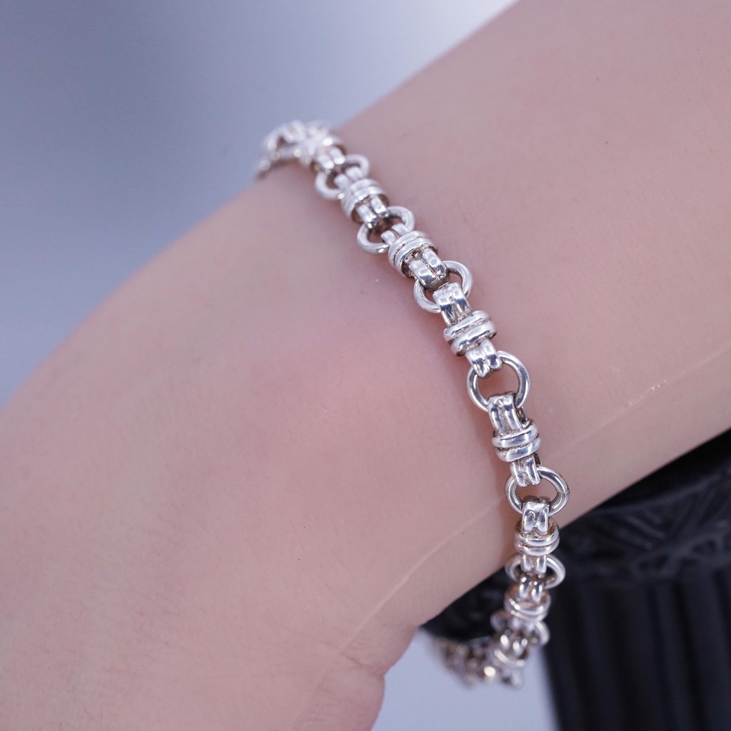 6.5”, Vintage Italy Sterling 925 silver handmade bracelet, double circle chain
