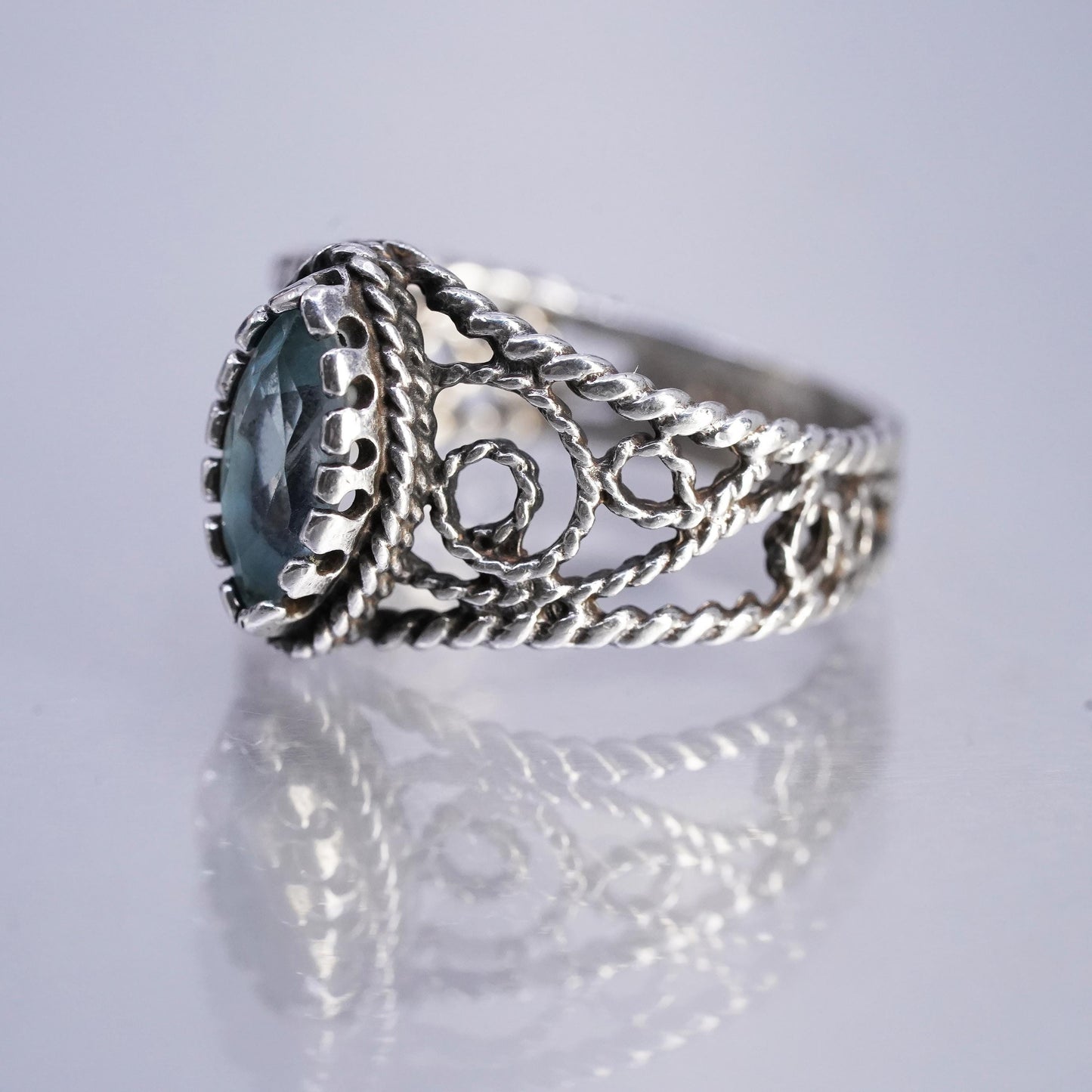 Size 8, vintage southwestern Sterling 925 silver handmade filigree ring topaz