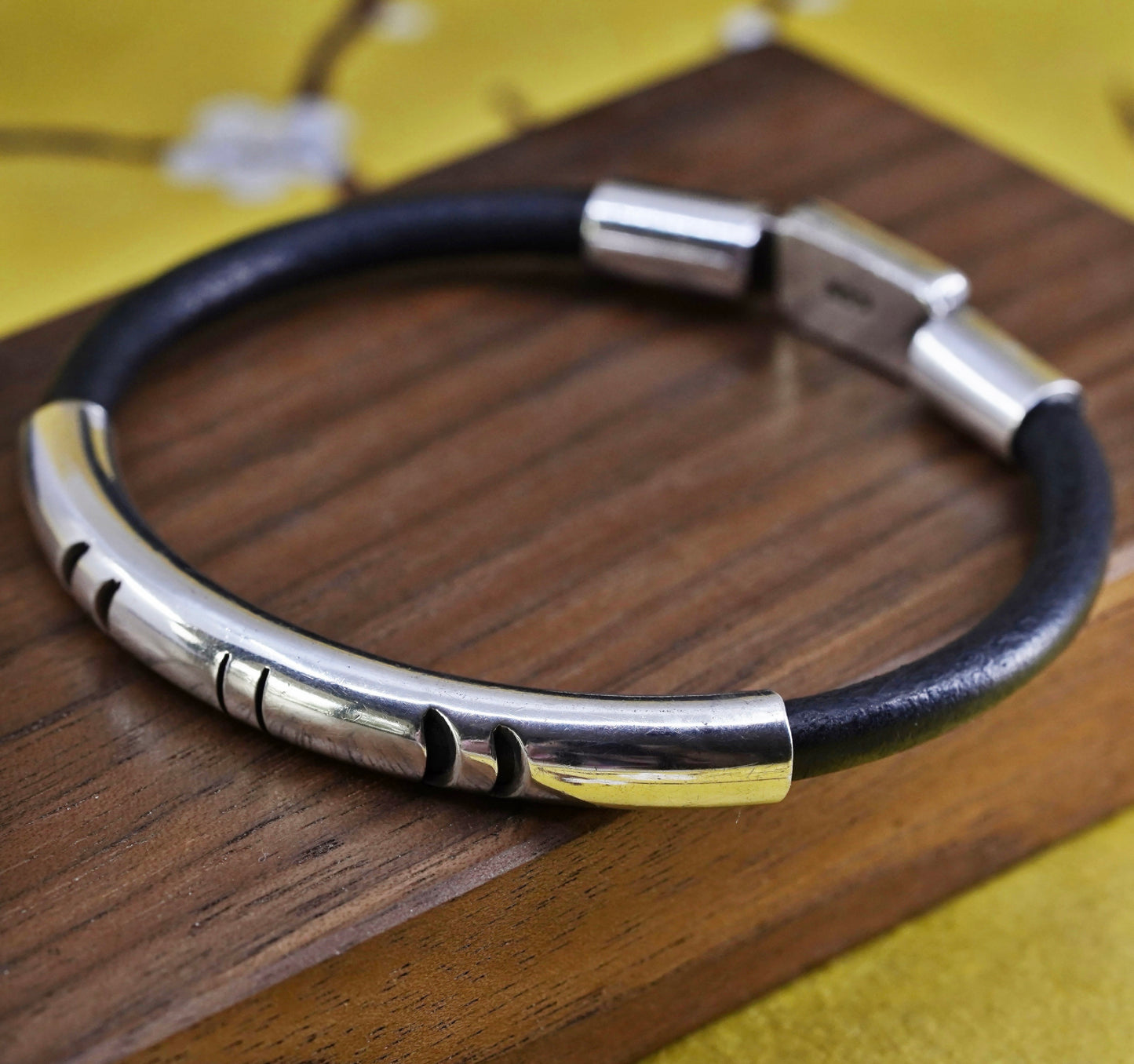 7.5", vintage Mexican black leather bangle with sterling 925 silver slide tube
