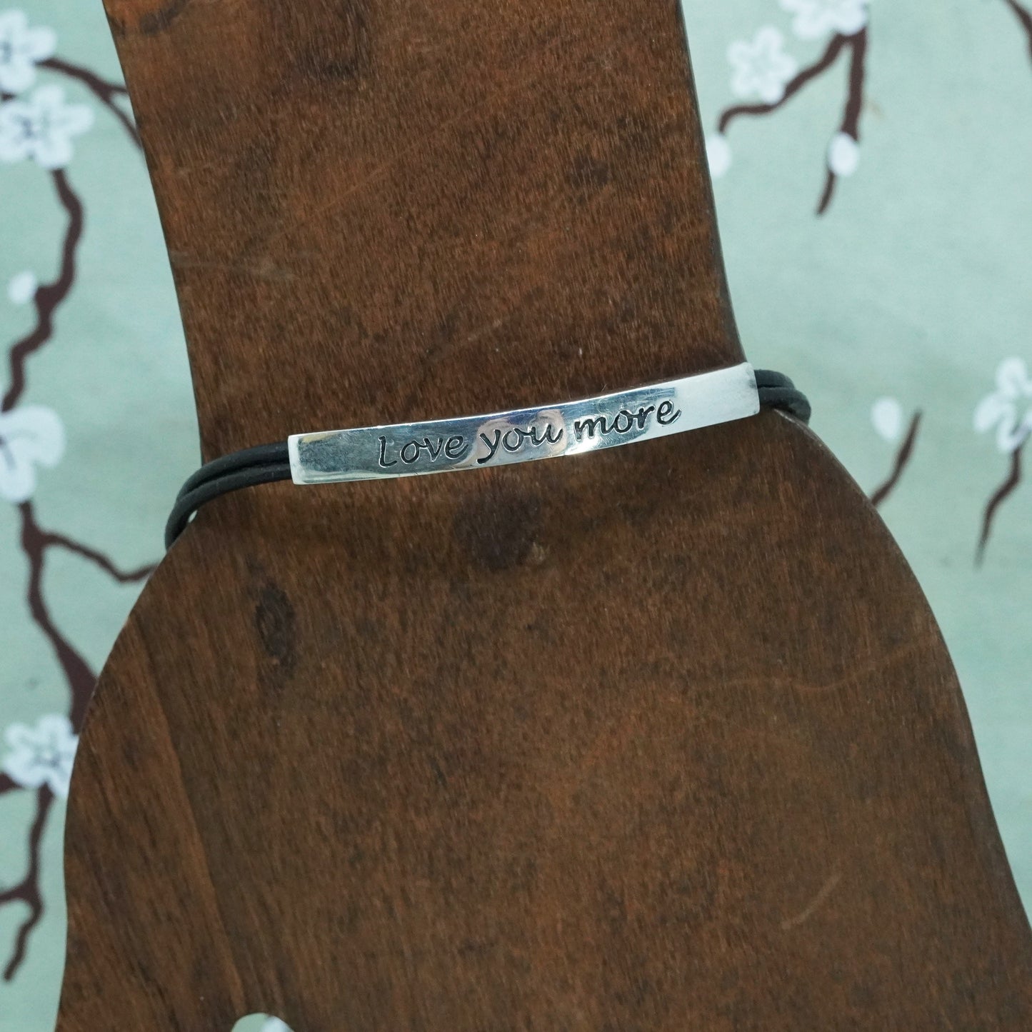 7.5”, black leather chain bracelet sterling 925 silver slide bar love you more