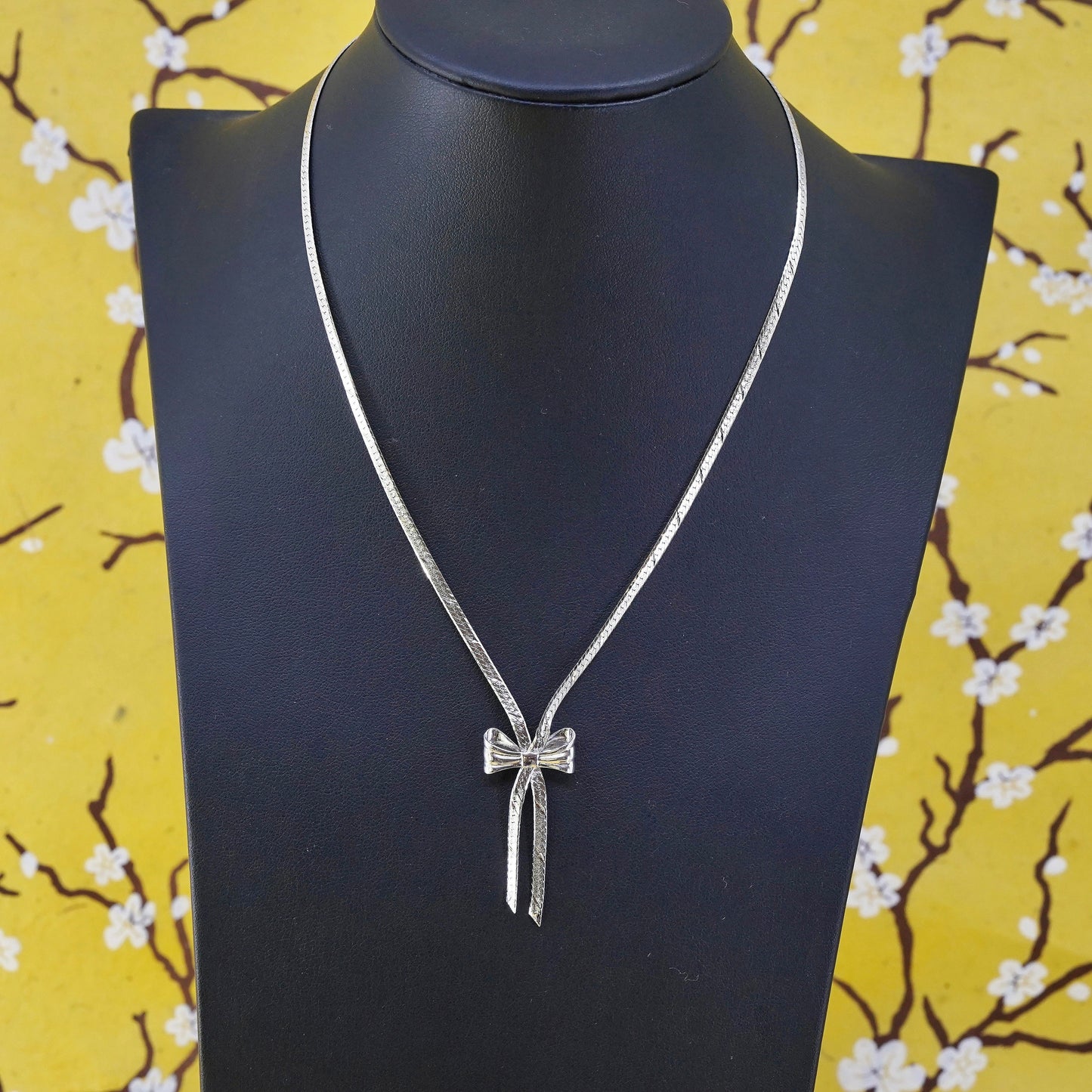 16", Sterling silver herringbone chain, Italy 925 necklace with ribbon pendant