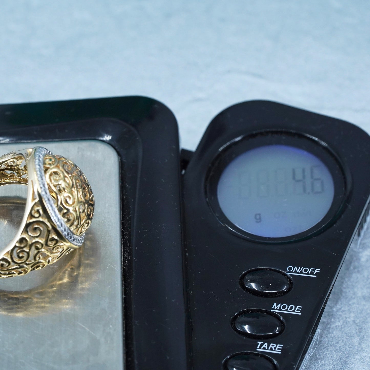 Size 7, vermeil gold over Sterling 925 silver filigree ring w/ diamond details