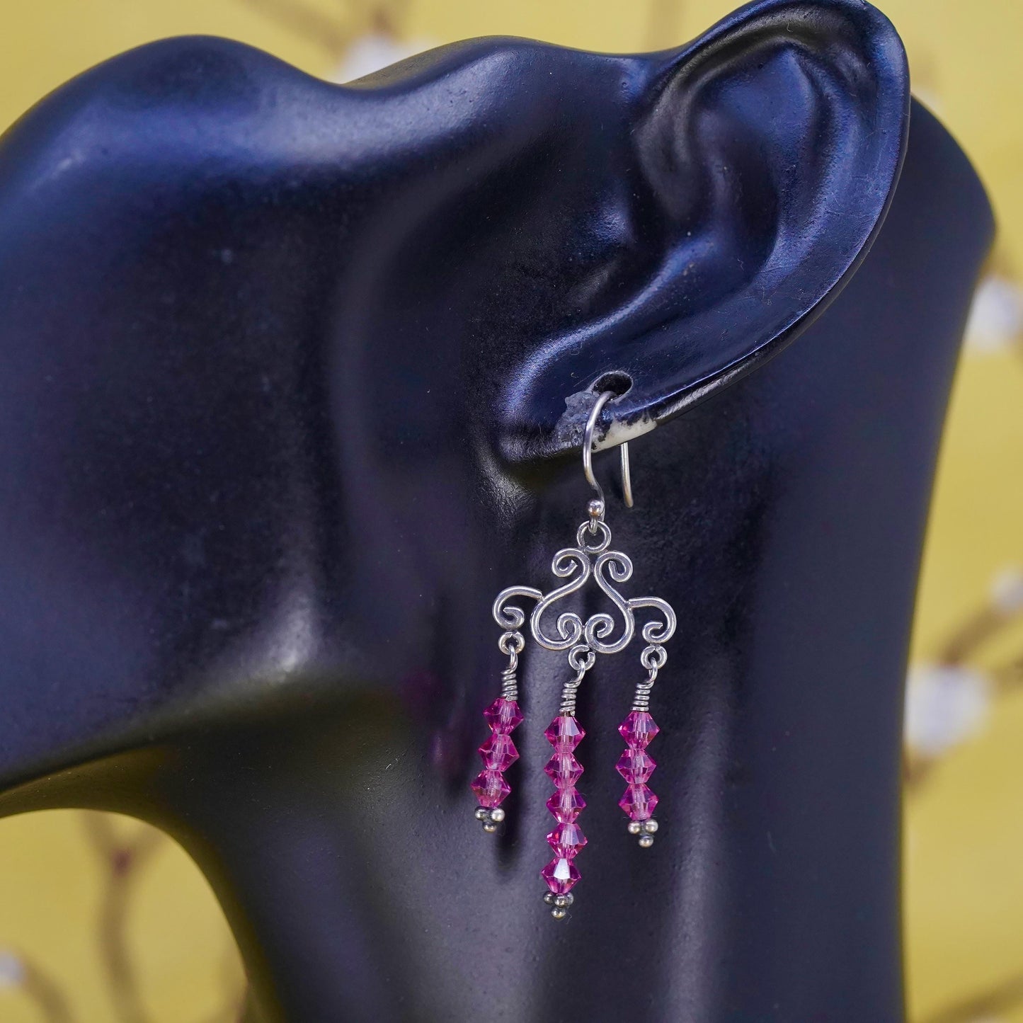 Vintage Sterling silver 925 handmade swirly earrings with pink crystal