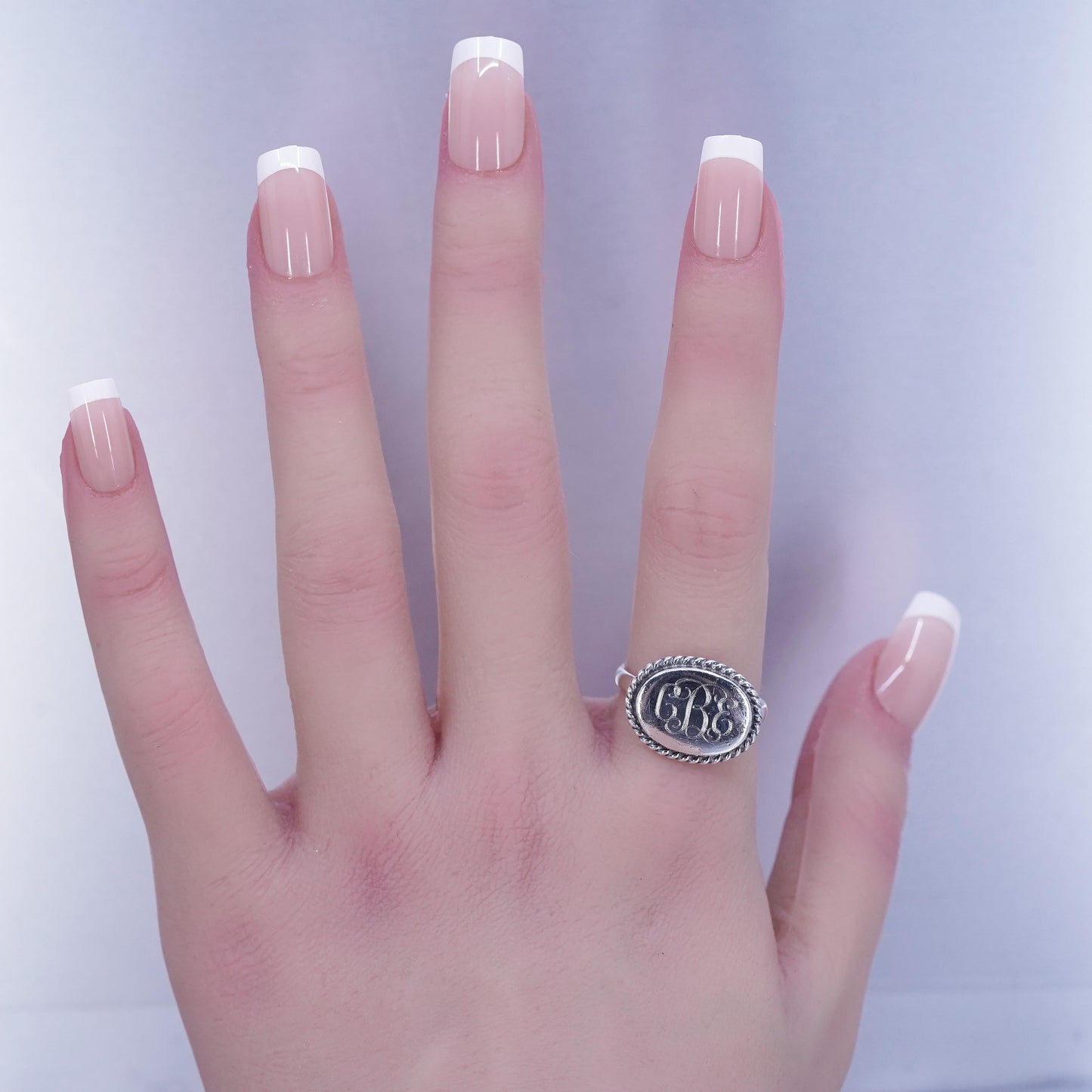 Size 7, Sterling 925 silver handmade heart ring, monogram initial “CEB” band