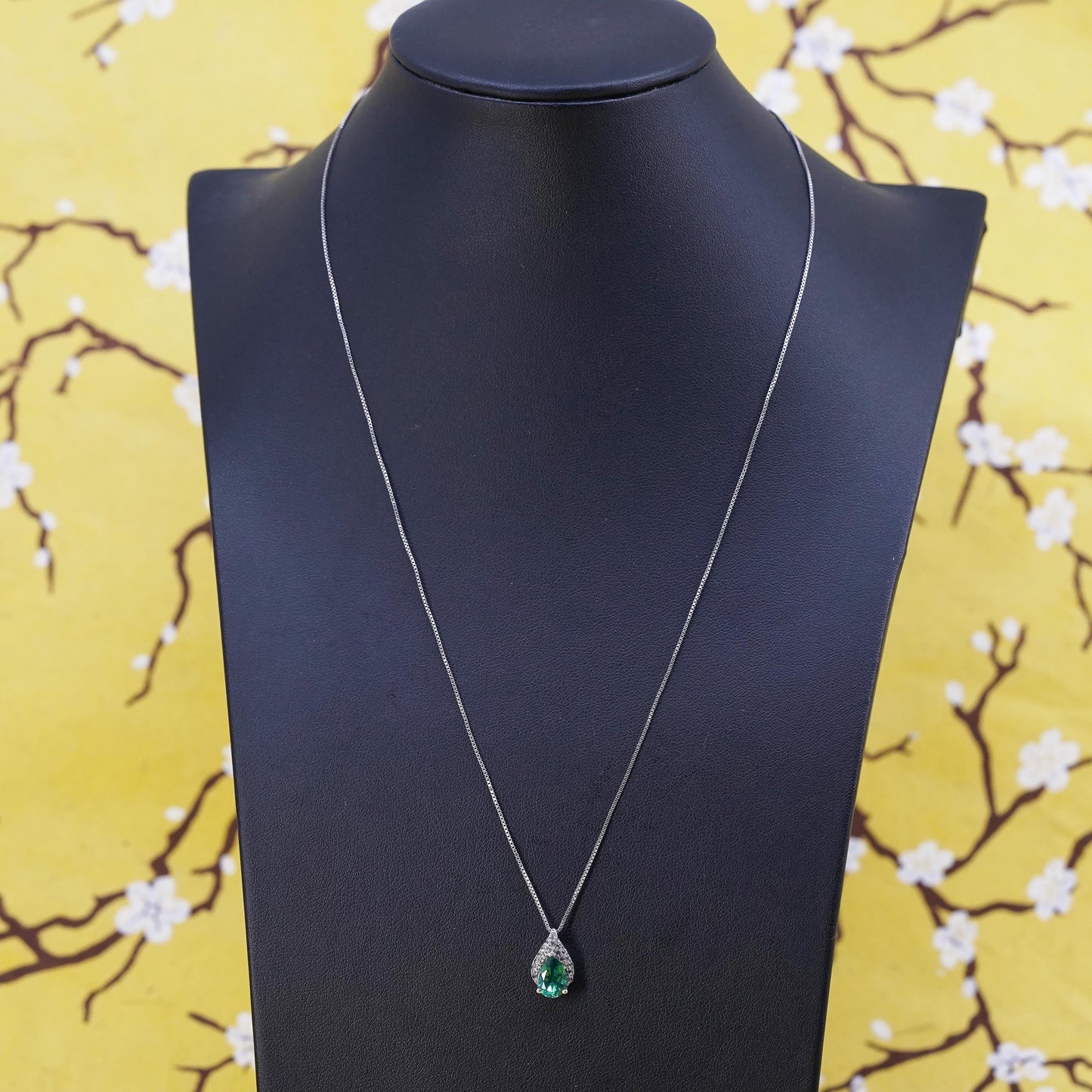 18+2” Sterling silver necklace, 925 box chain teardrop pendant cluster diamonds