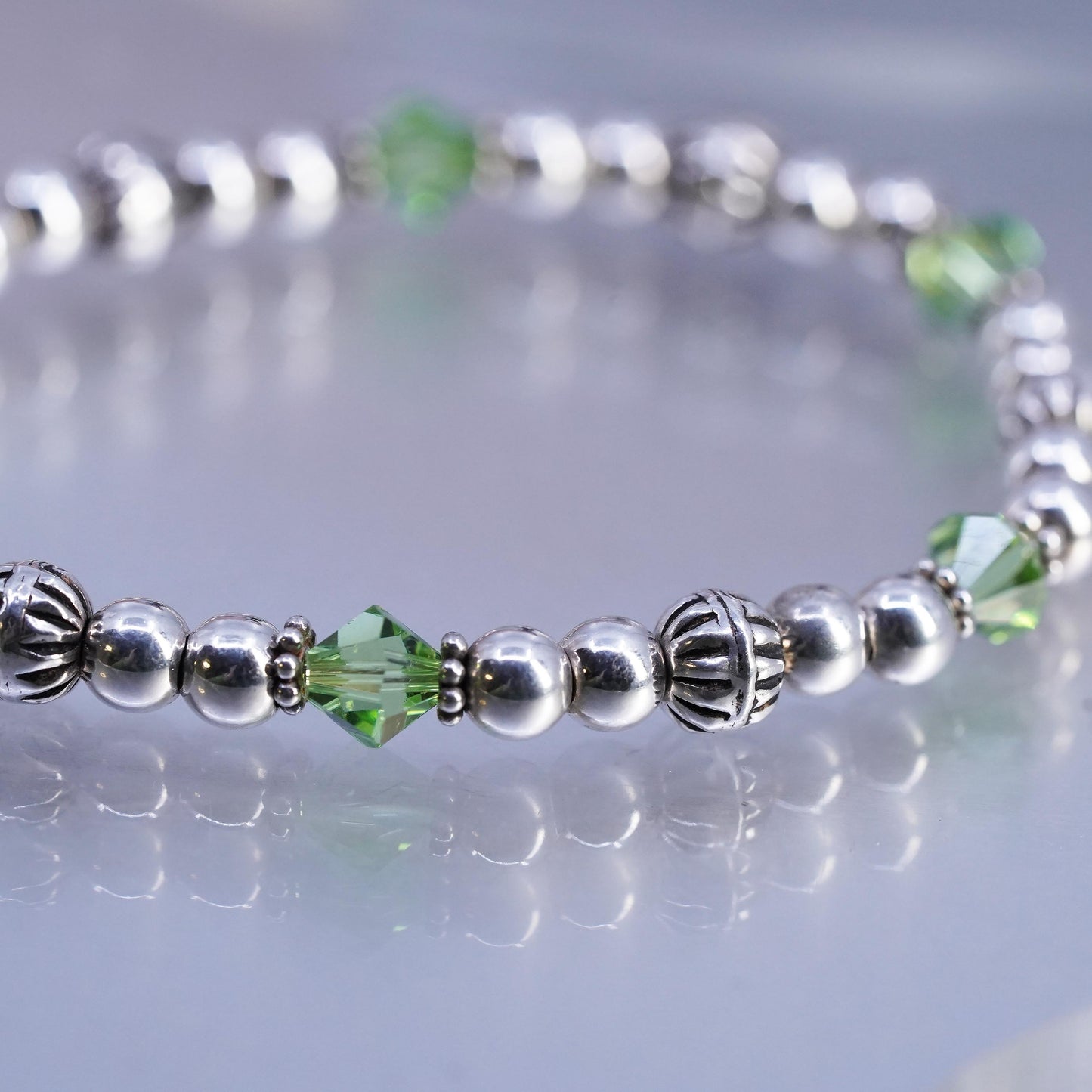 7", vintage Sterling 925 silver bracelet w/ green crystal beads toggle closure