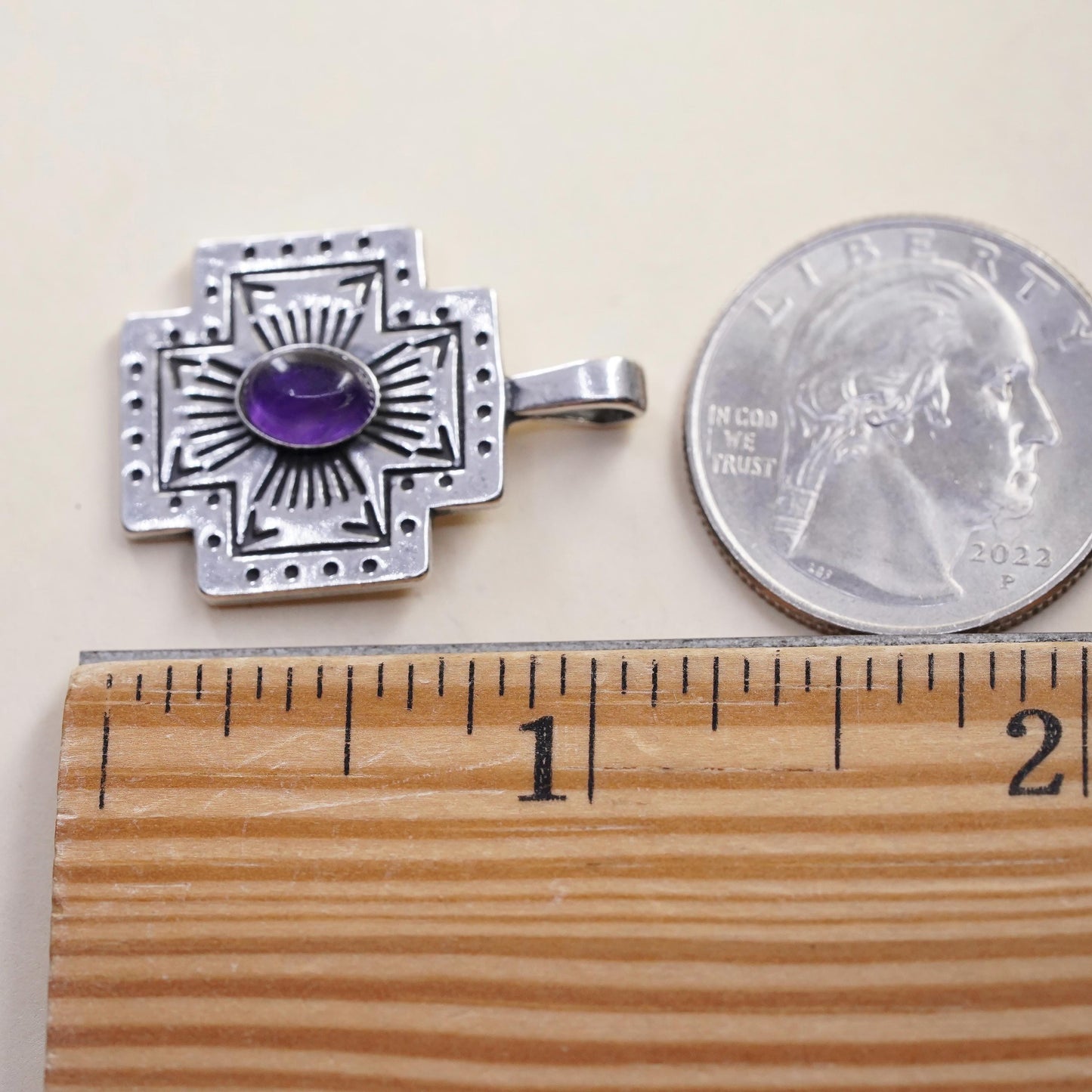 Vintage southwestern Sterling 925 silver textured cross pendant with amethyst