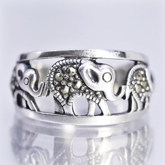 size 6 Vintage Sterling Silver Handmade Ring 925 Silver Band marcasite Elephant