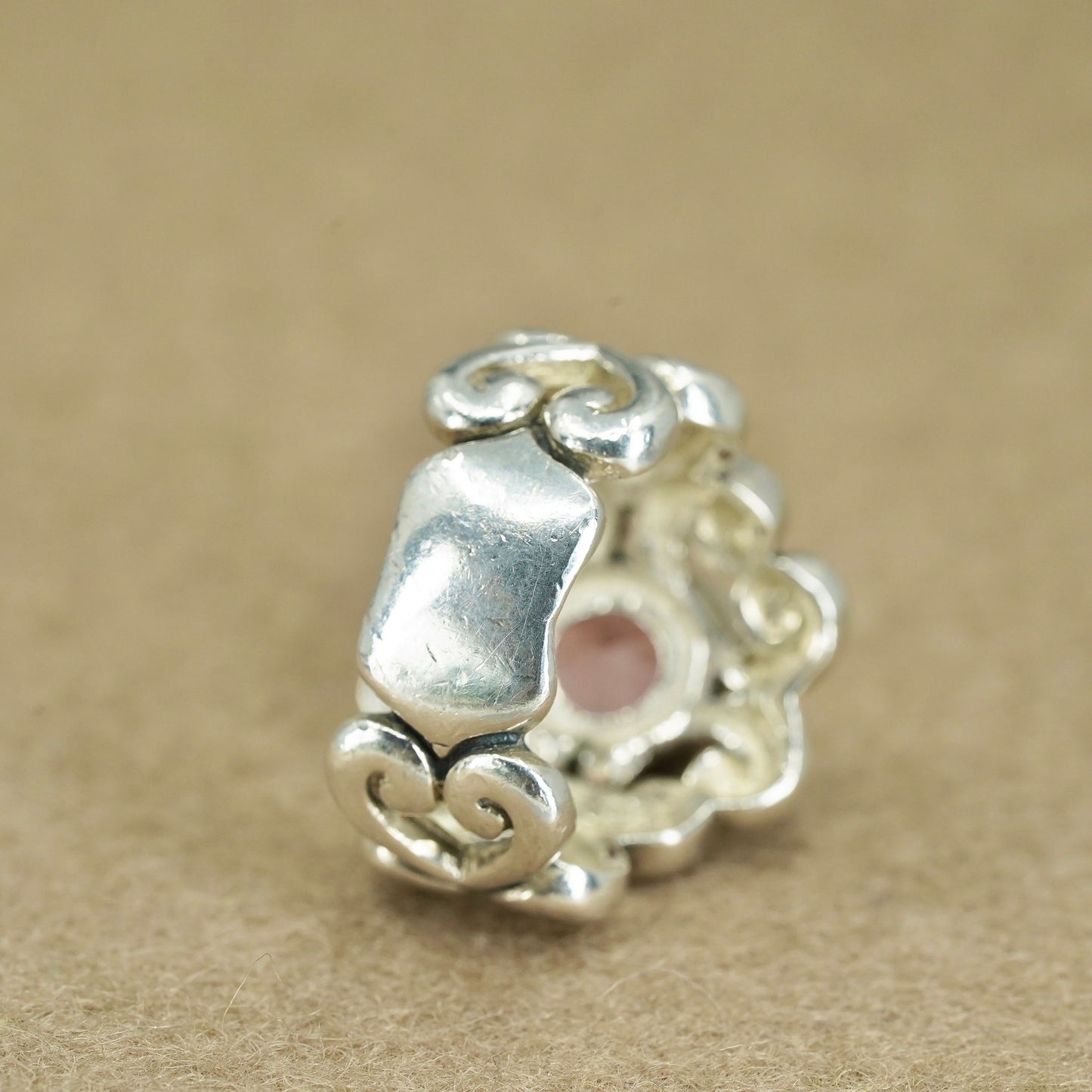 Size 7, VTG Barse Sterling 925 silver ring, filigree swirly band with pink cz
