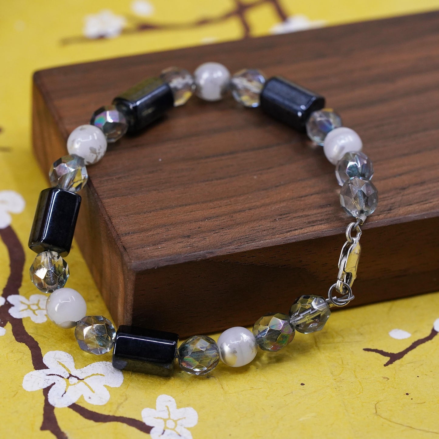 7.5” Vintage sterling 925 silver handmade bracelet with hematite crystal beads