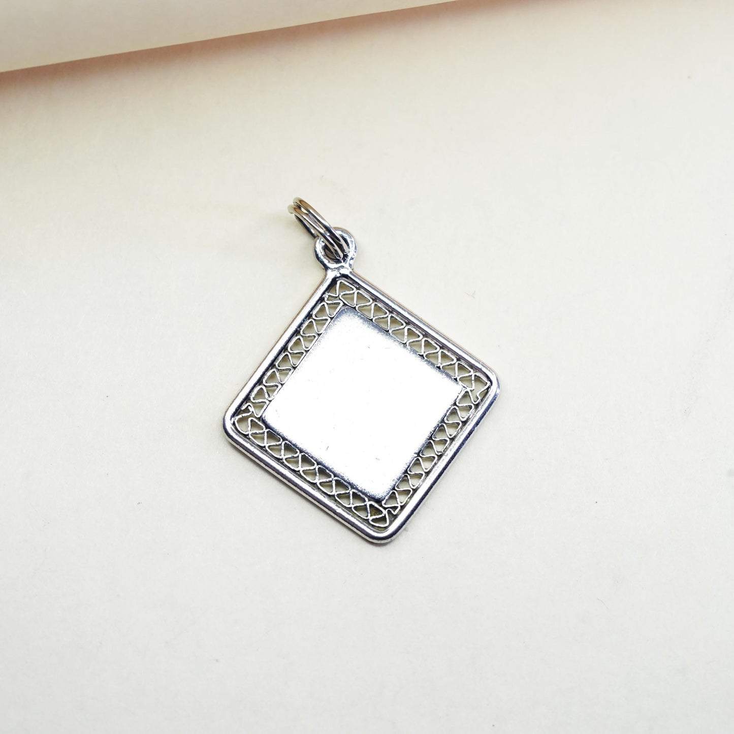 Vintage sterling silver charm, 925 filigree silver blank square tag