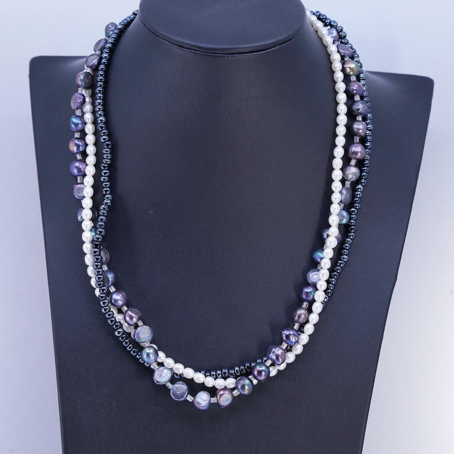 18" VTG Sterling 925 Silver Multi Strands triple tone freshwater pearl Necklace