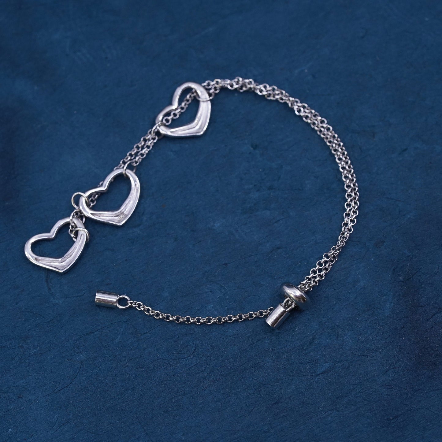 Size adjustable, Sterling 925 silver circle chain bracelet with heart charms