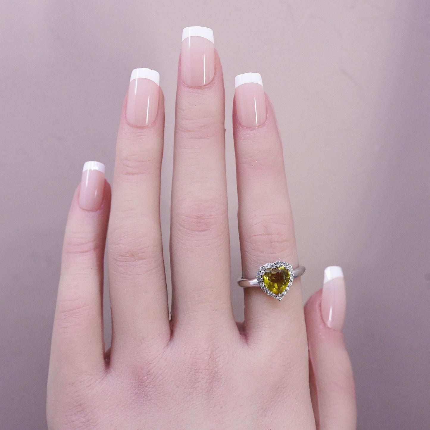 Size 7, VTG 925 Sterling Silver Heart Cut Yellow Citrine Halo Ring, Heart Ring