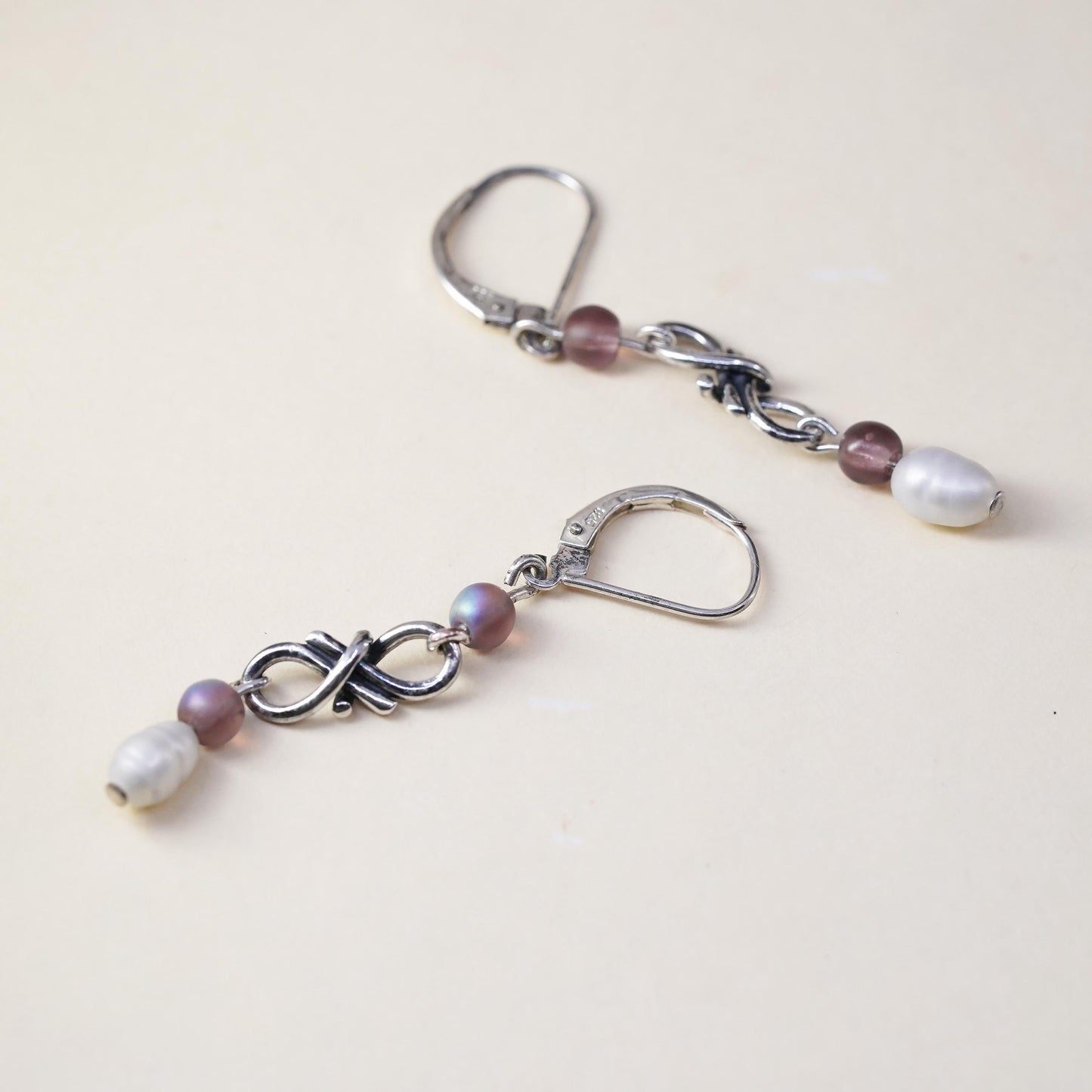 Vintage Sterling silver handmade earrings, 925 hooks with amethyst pearl