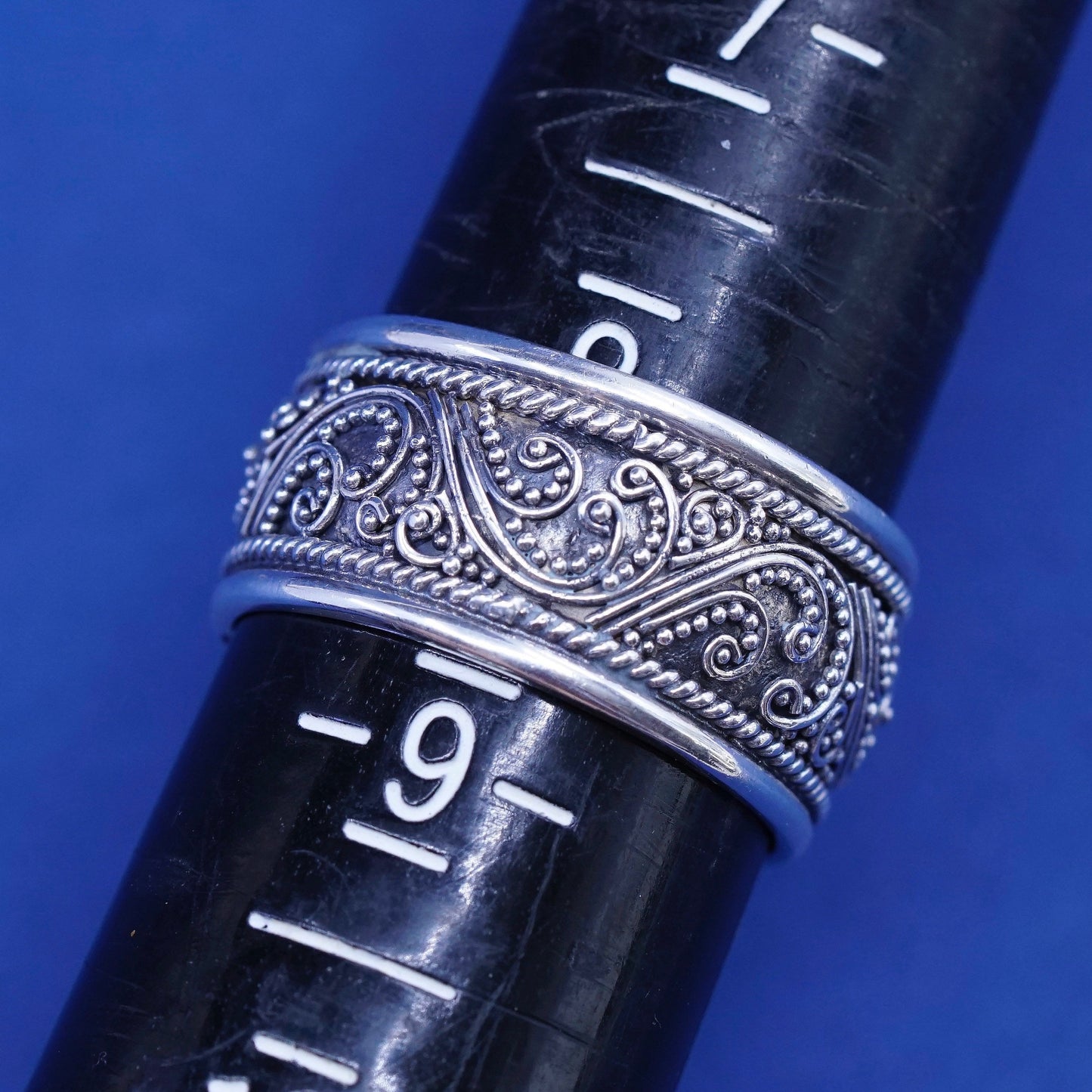 Size 8.25, vintage Sterling silver handmade band, 925 swirl ring with beads