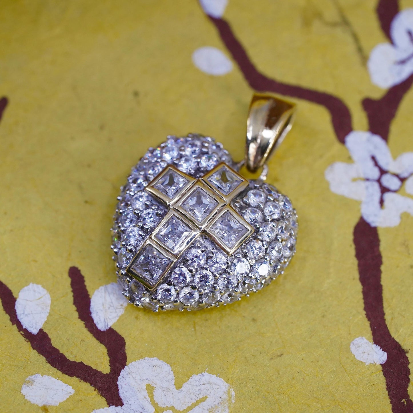 Vintage gold plated Sterling silver pendant, 925 heart cross with cluster cz