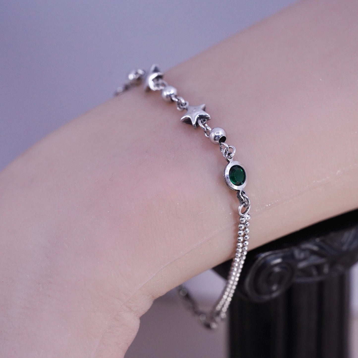 7", vintage sterling silver handmade bracelet, 925 bead chain with star charms