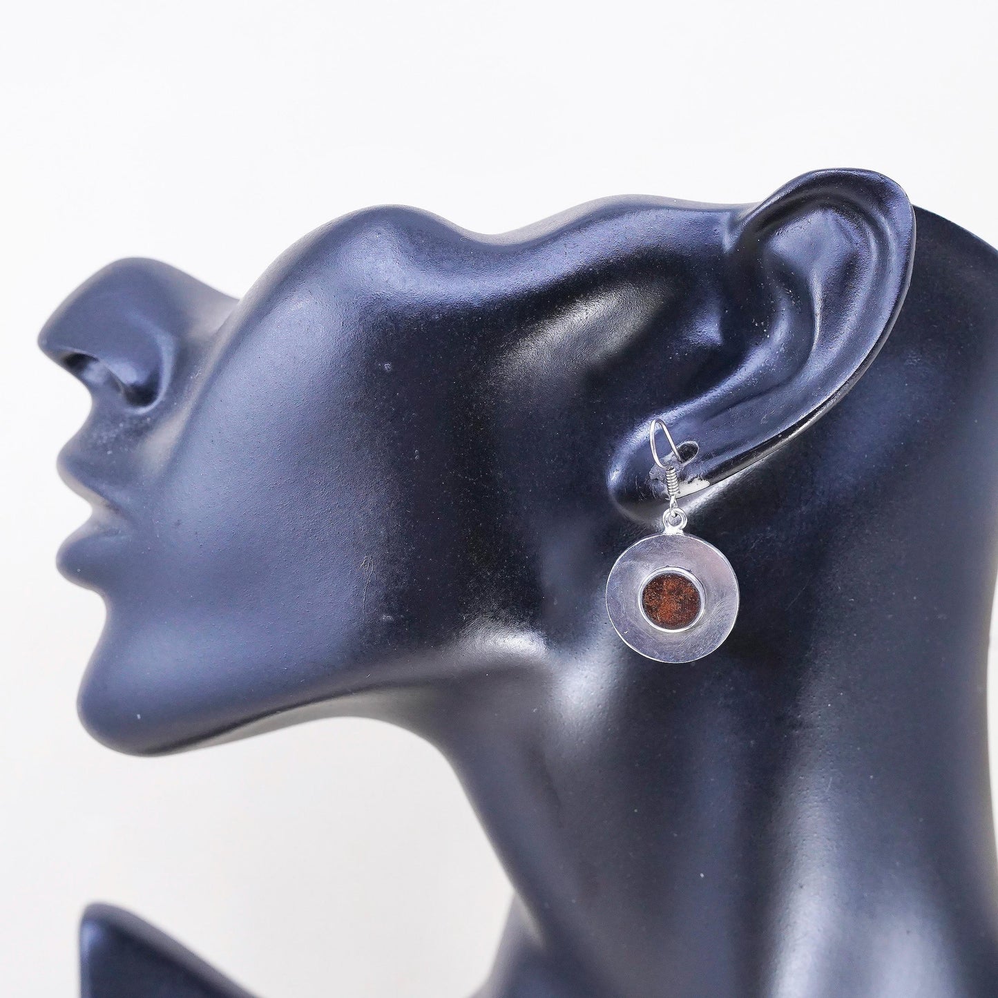 Vintage signed Sterling 925 silver handmade earrings with round drops and amber
