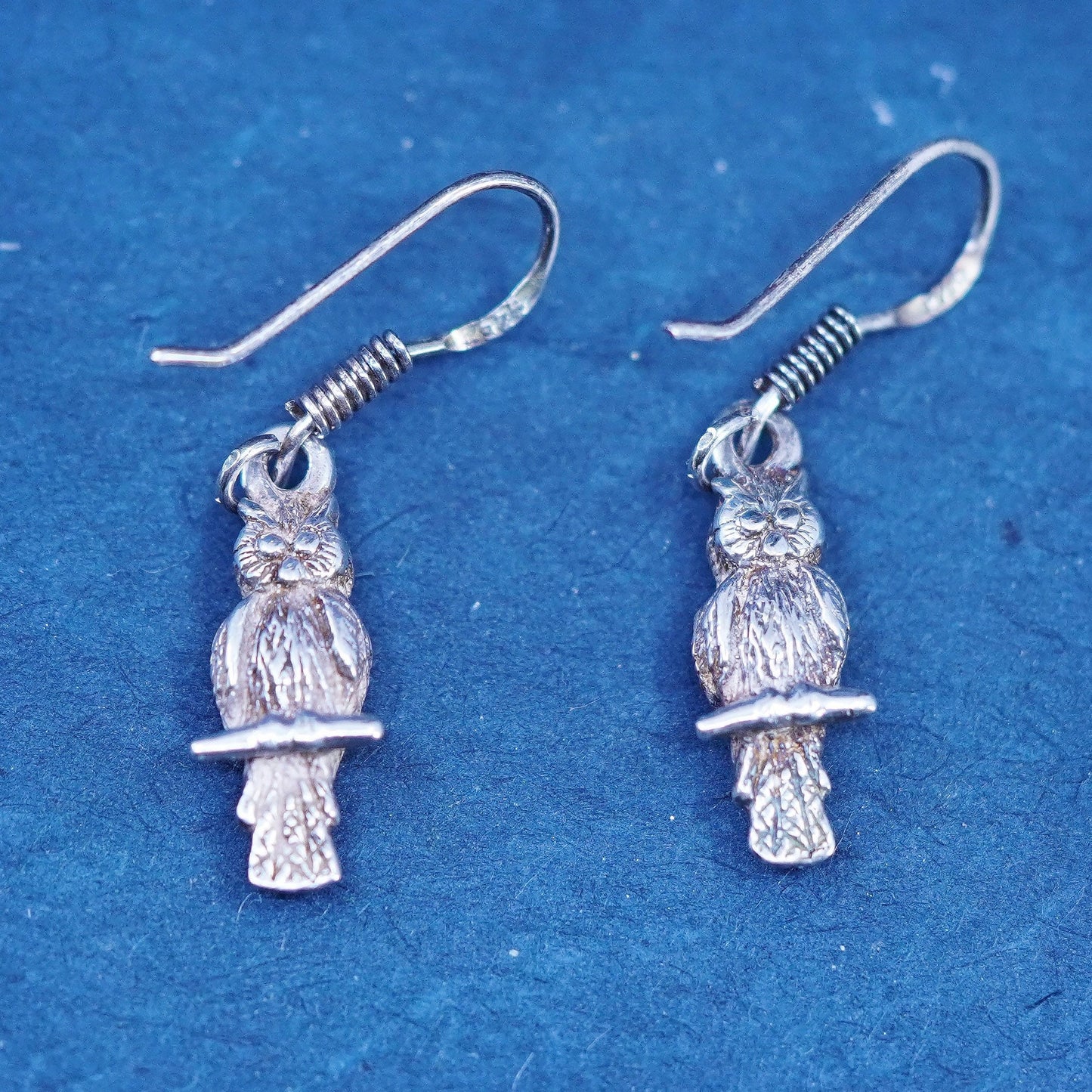 Vintage sterling silver handmade earrings, 925 owl bird dangles
