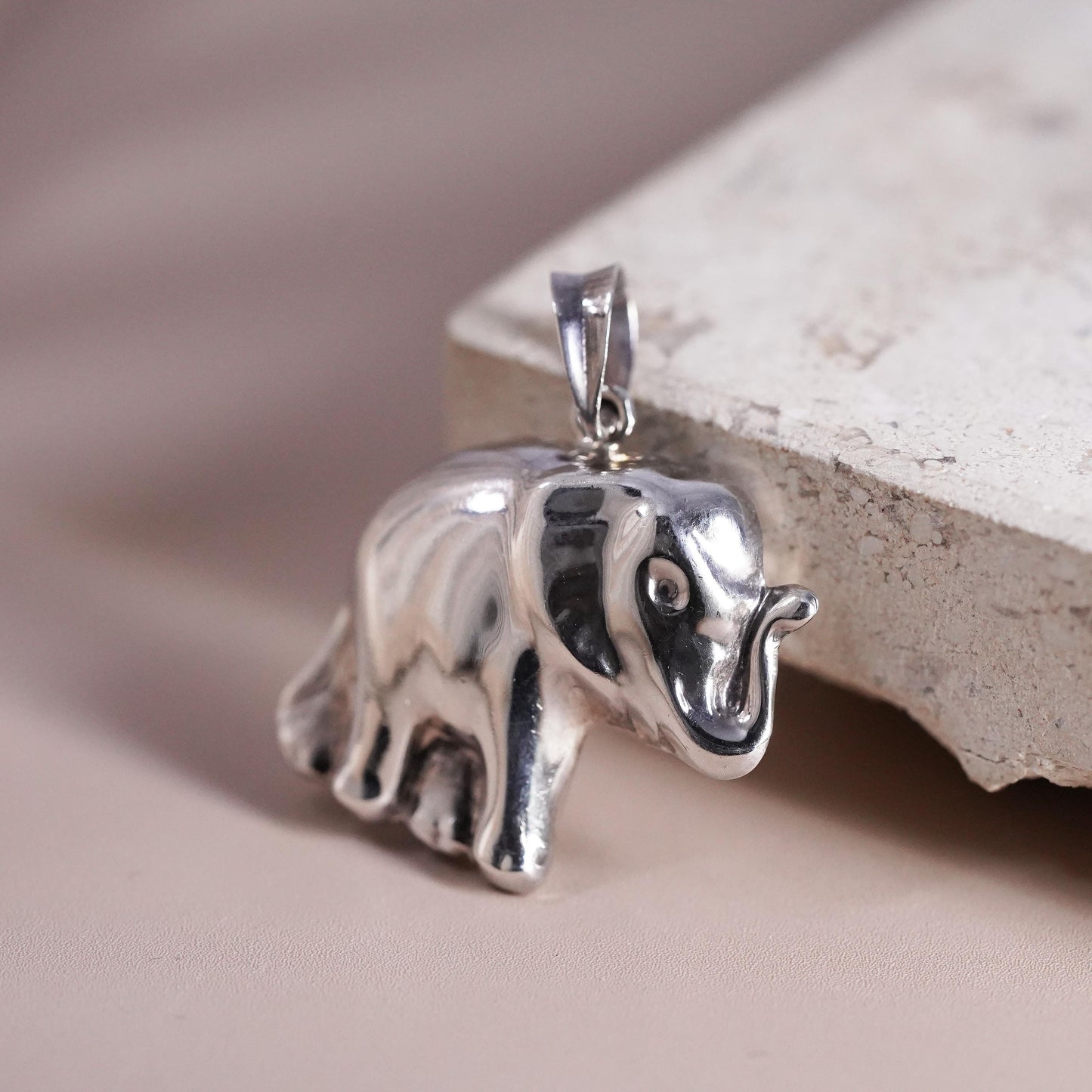 Vintage Sterling silver handmade pendant, puffy 925 silver elephant charm