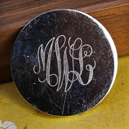 Vintage handmade sterling silver pin, 925 circle brooch monogram initial “MLW”
