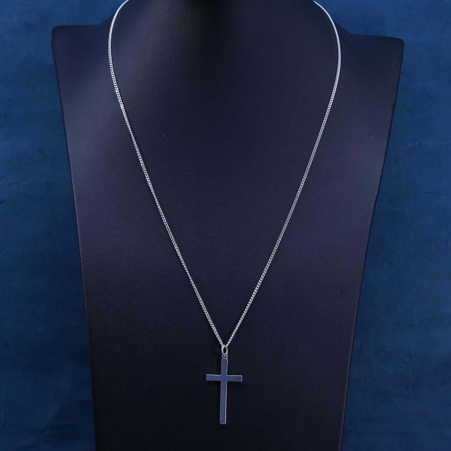 20” 2mm, vintage Sterling 925 silver handmade curb chain necklace with cross