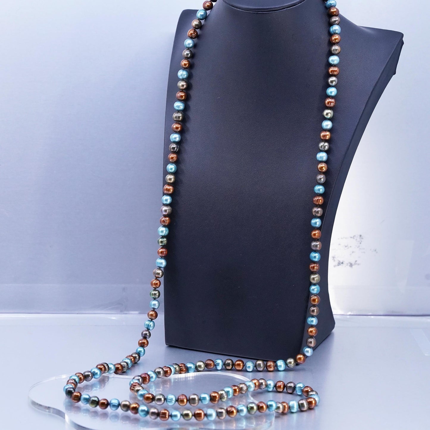 52”, Sterling 925 silver extra long necklace multi color freshwater pearl beads
