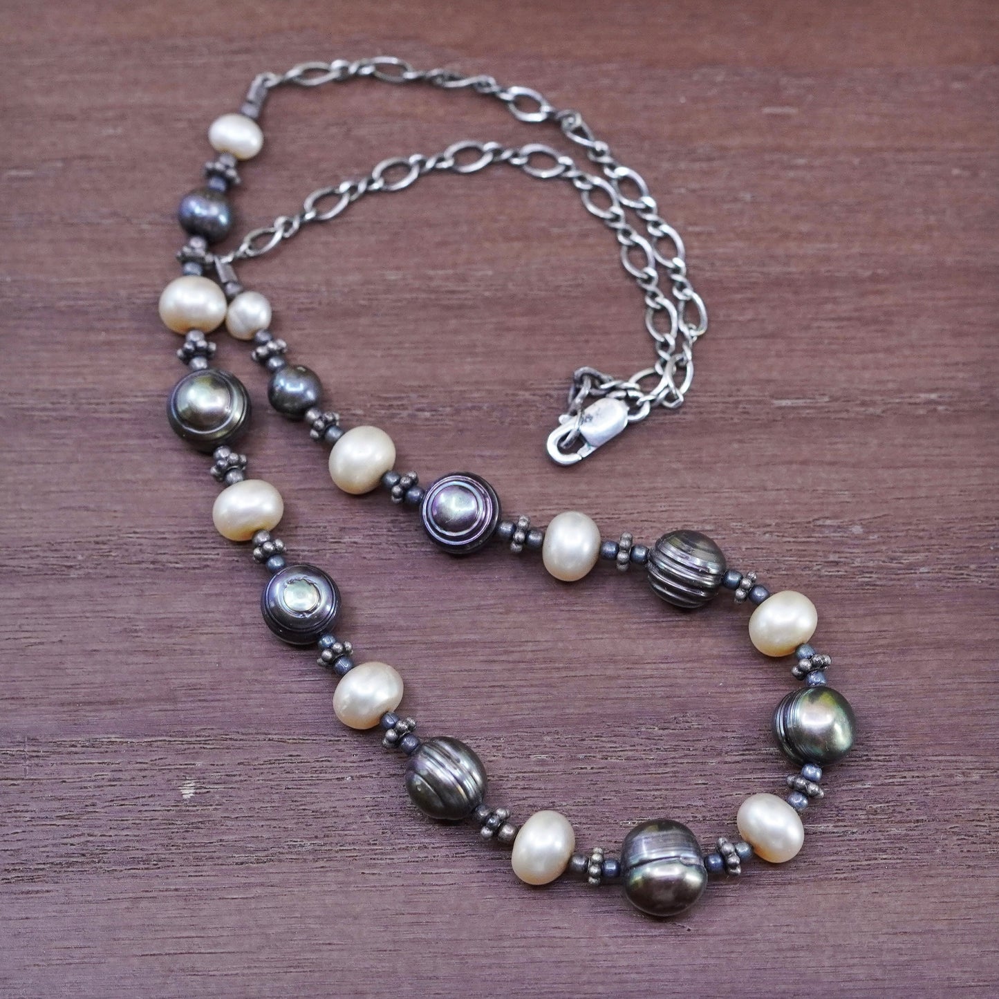 14”, vintage sterling silver 925 necklace, figaro chain with pearl