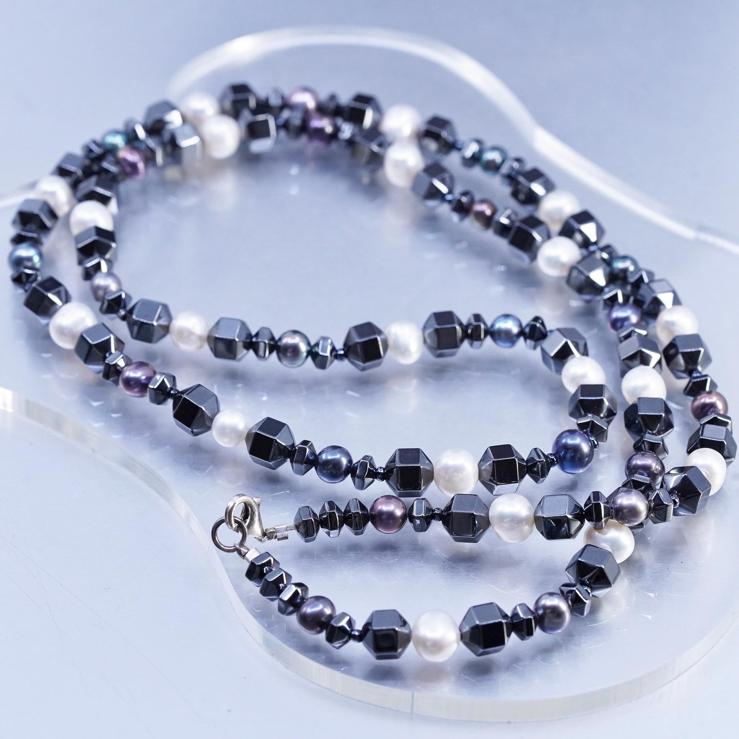 32”, Vintage Sterling 925 silver extra long necklace with hematite pearl beads