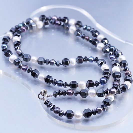 32”, Vintage Sterling 925 silver extra long necklace with hematite pearl beads