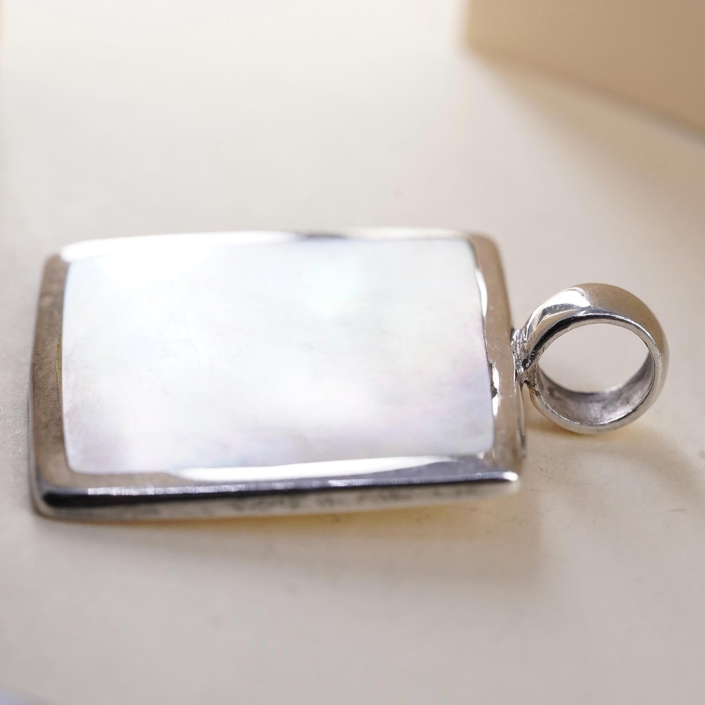 Vintage sterling 925 silver handmade square pendant with mother of pearl inlay