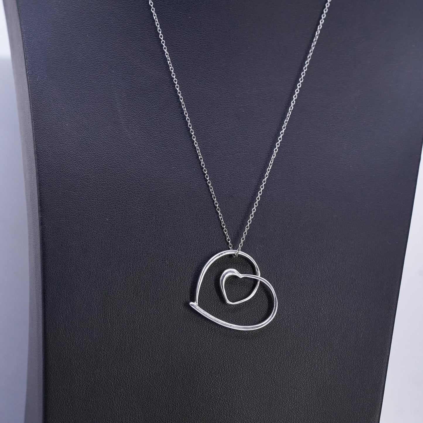18", vintage Sterling 925 silver handmade circle necklace double heart pendant