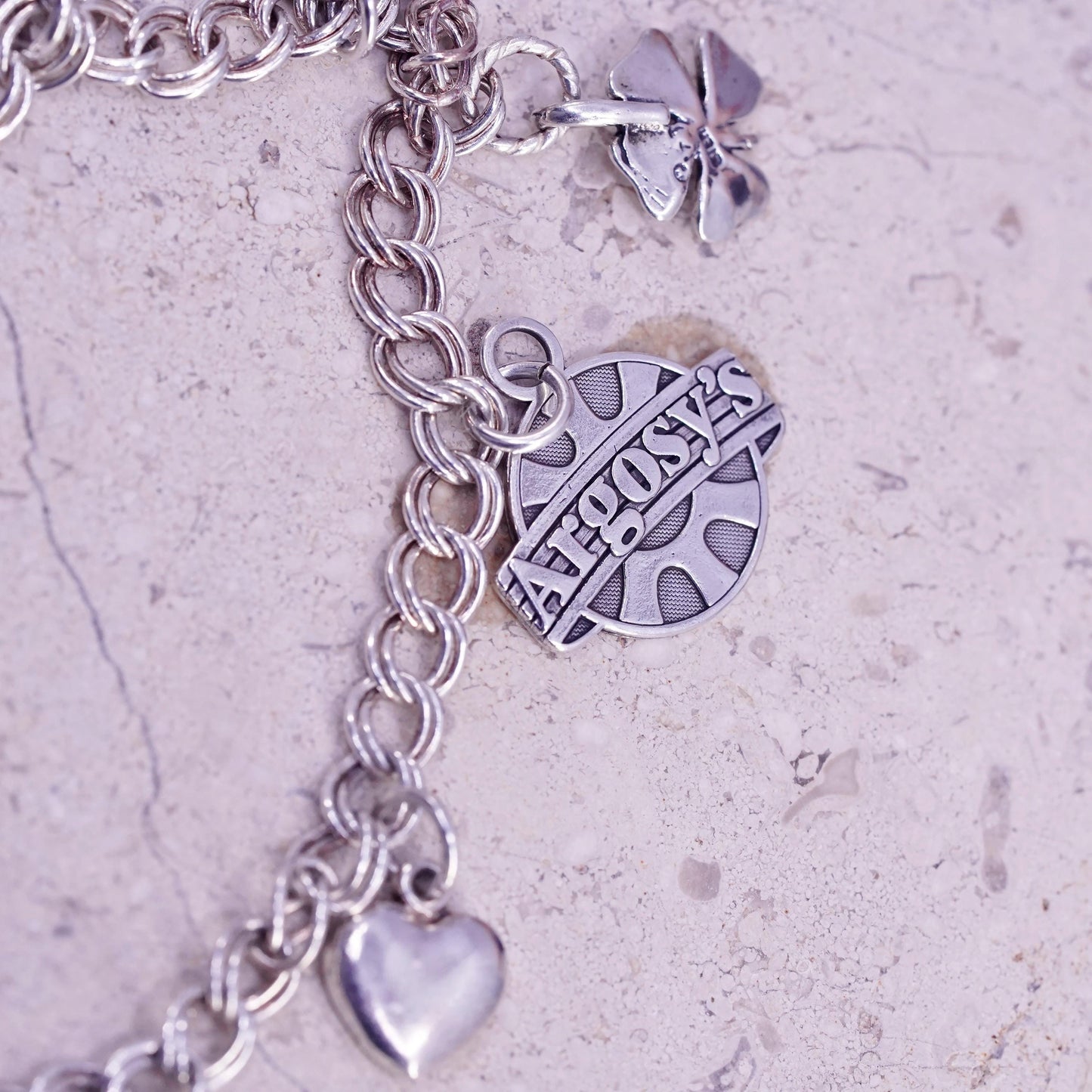 8", Sterling silver bracelet, 925 double curb chain slot dice money bag heart