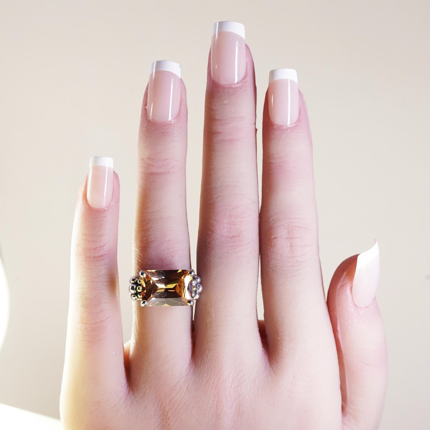 Size 6, vintage Sterling 925 silver cocktail ring citrine 14K yellow gold beads