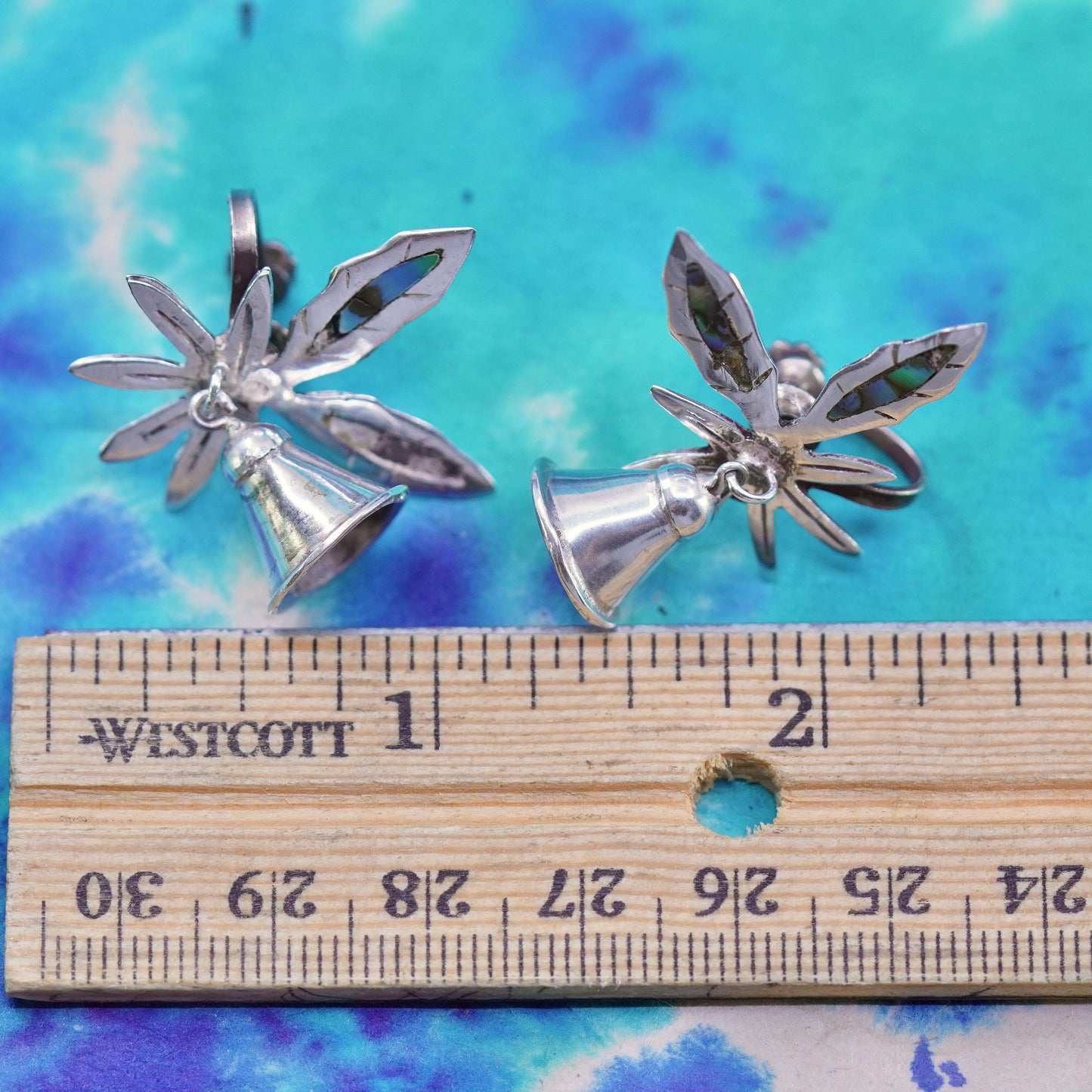 taxco Sterling silver screw back earrings, 925 leaves w/ chime bell and abalone