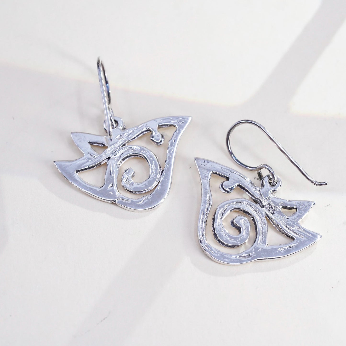 Vintage 925 Sterling Silver Abstract Bird Earrings, Artisan Openwork Dangles