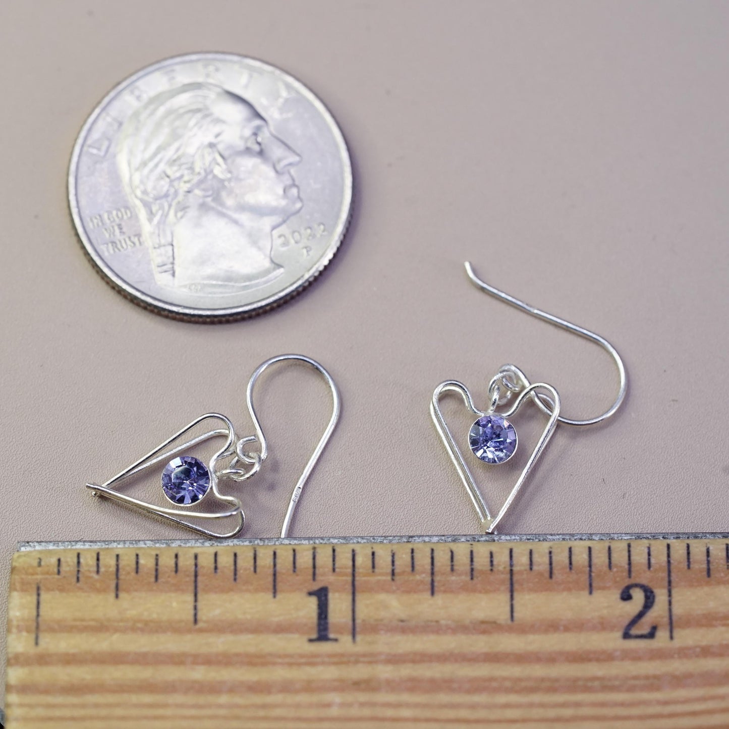 Vintage Sterling silver handmade earrings, 925 heart drops with dancing cz