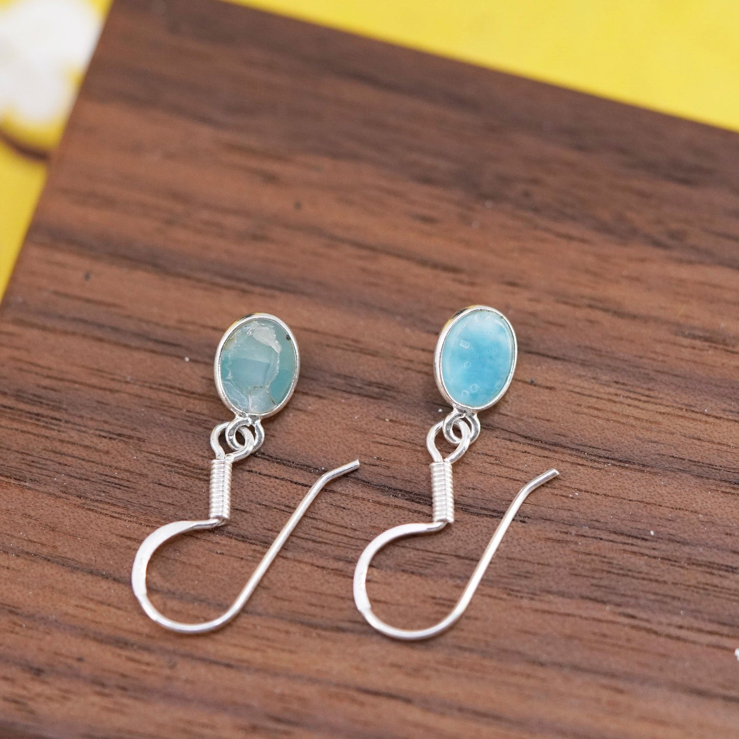 Vintage Sterling 925 silver handmade earrings with oval Larimar