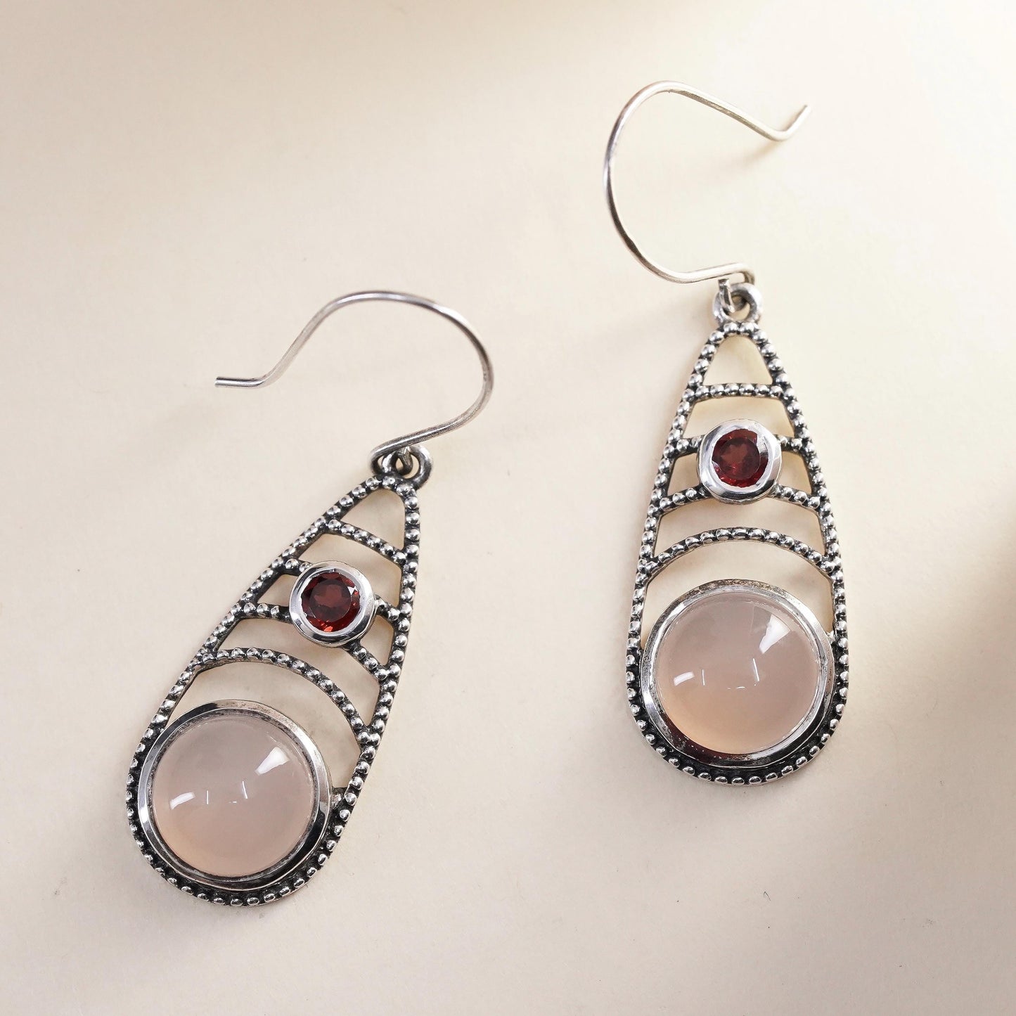 Vintage Sterling 925 silver handmade earrings with pink quartz and garnet
