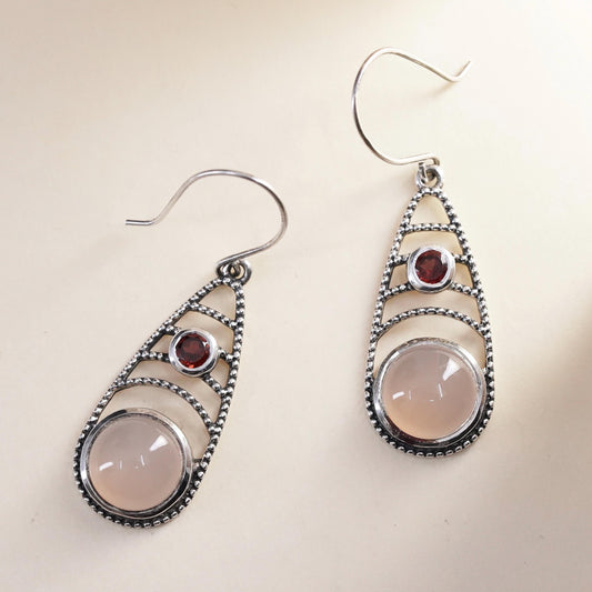 Vintage Sterling 925 silver handmade earrings with pink quartz and garnet