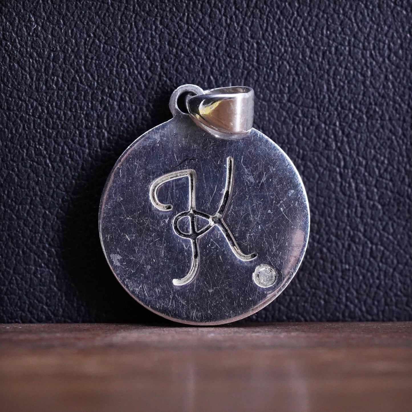 Vintage Sterling silver initial pendant, 925 circle with letter K