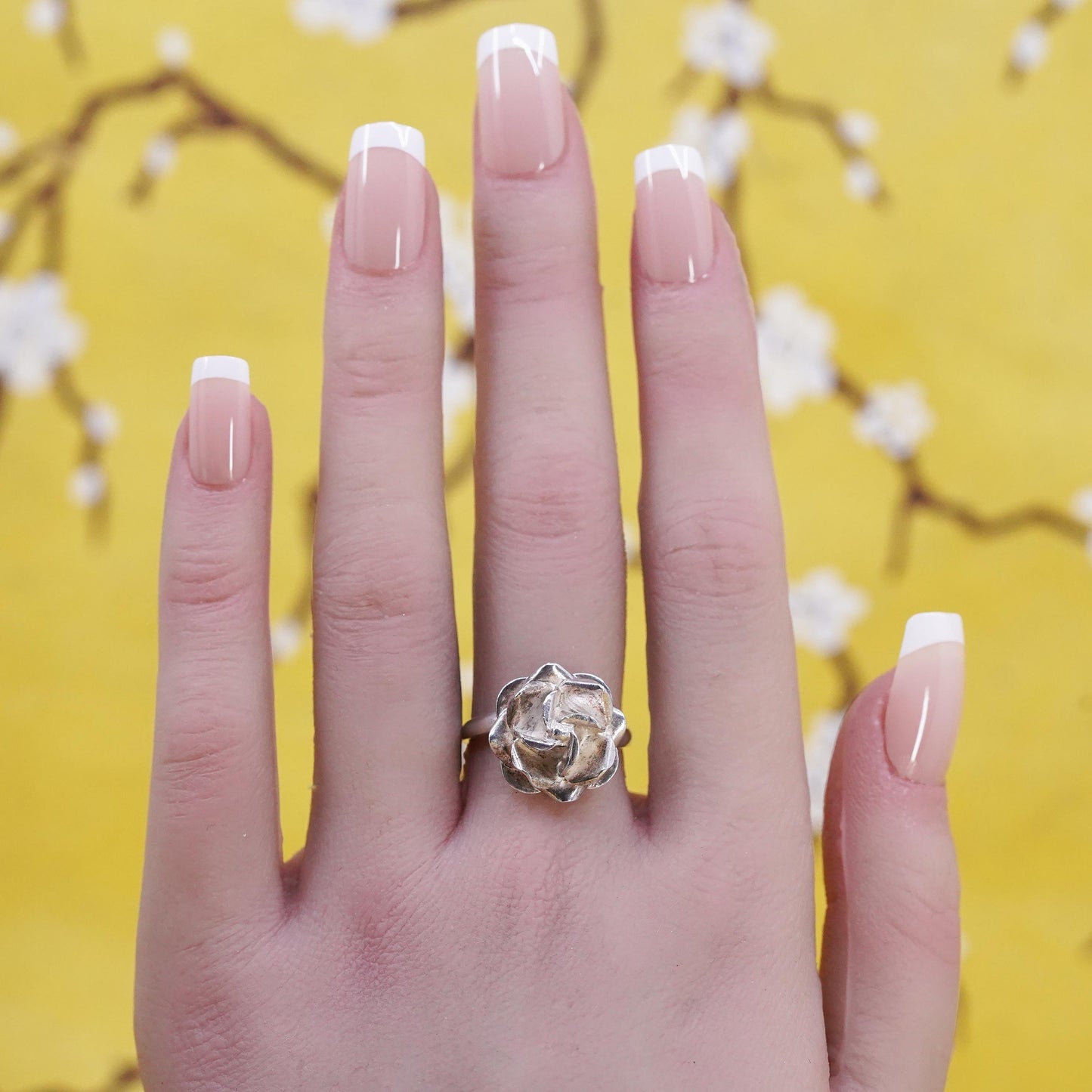 Size 7, vintage Mexican Sterling silver handmade ring, 925 rose flower