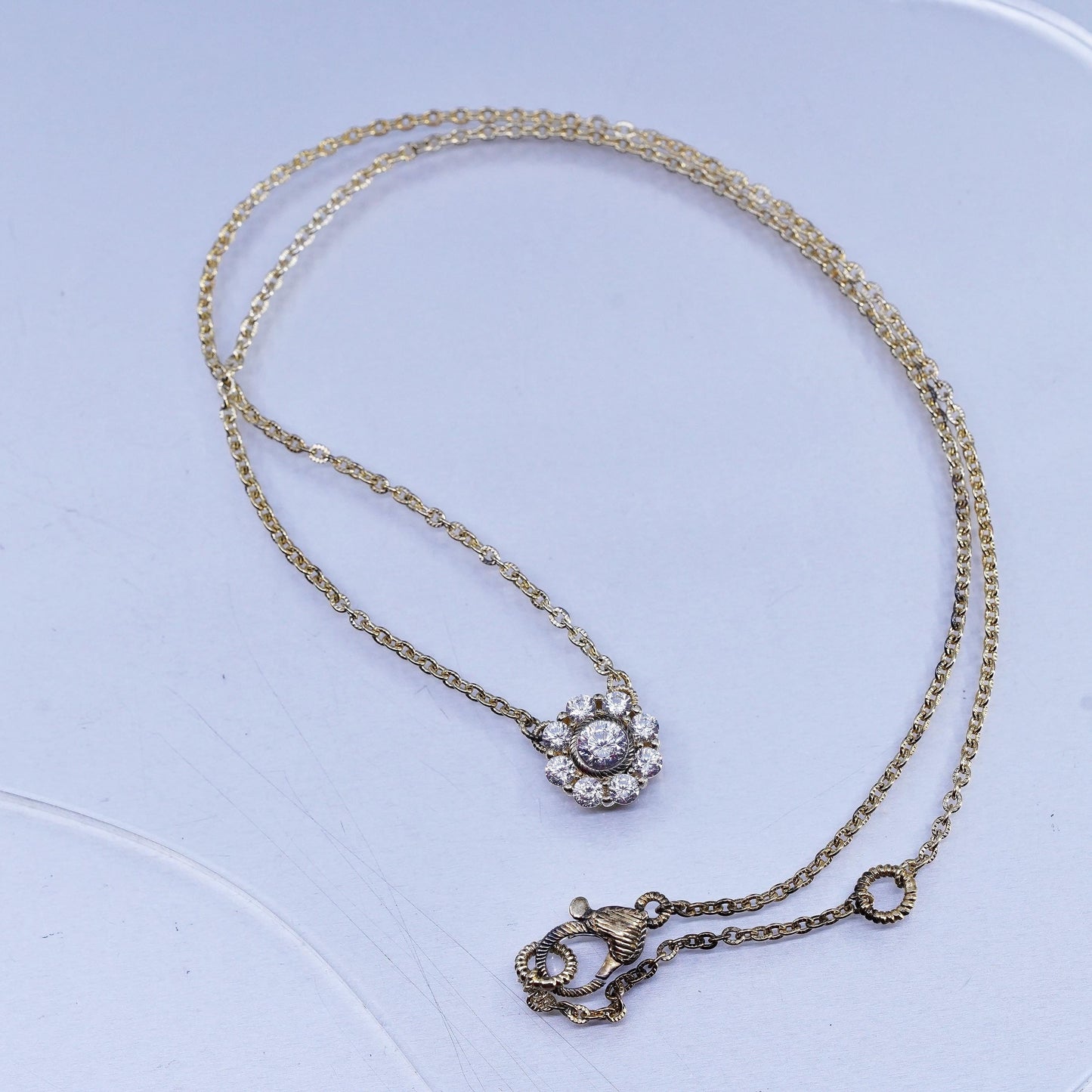 18+2", vintage Judith Ripka gold Sterling 925 silver necklace floral cz pendant