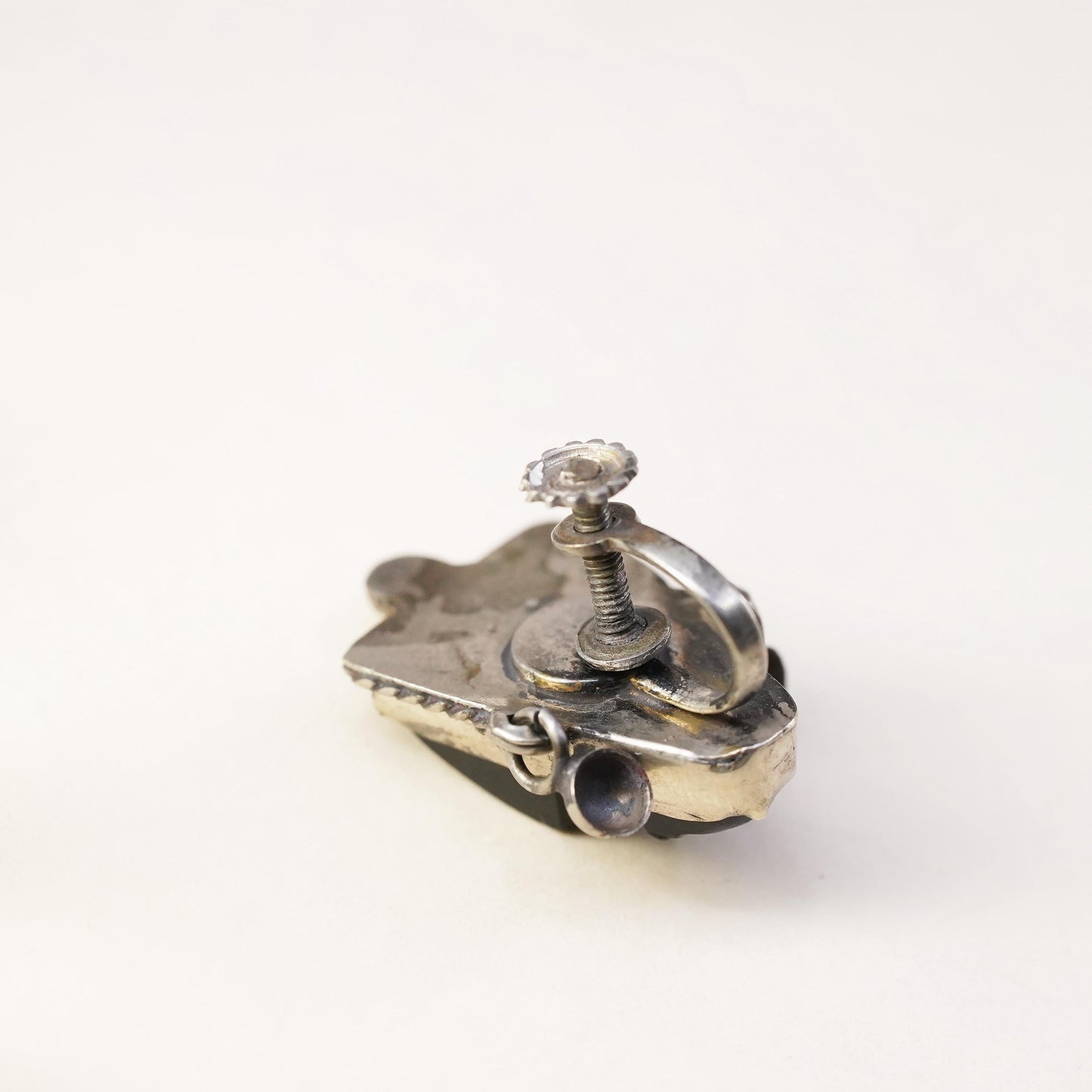 Mexican sterling silver single earring, 925 screw back Carved Warrior Onyx