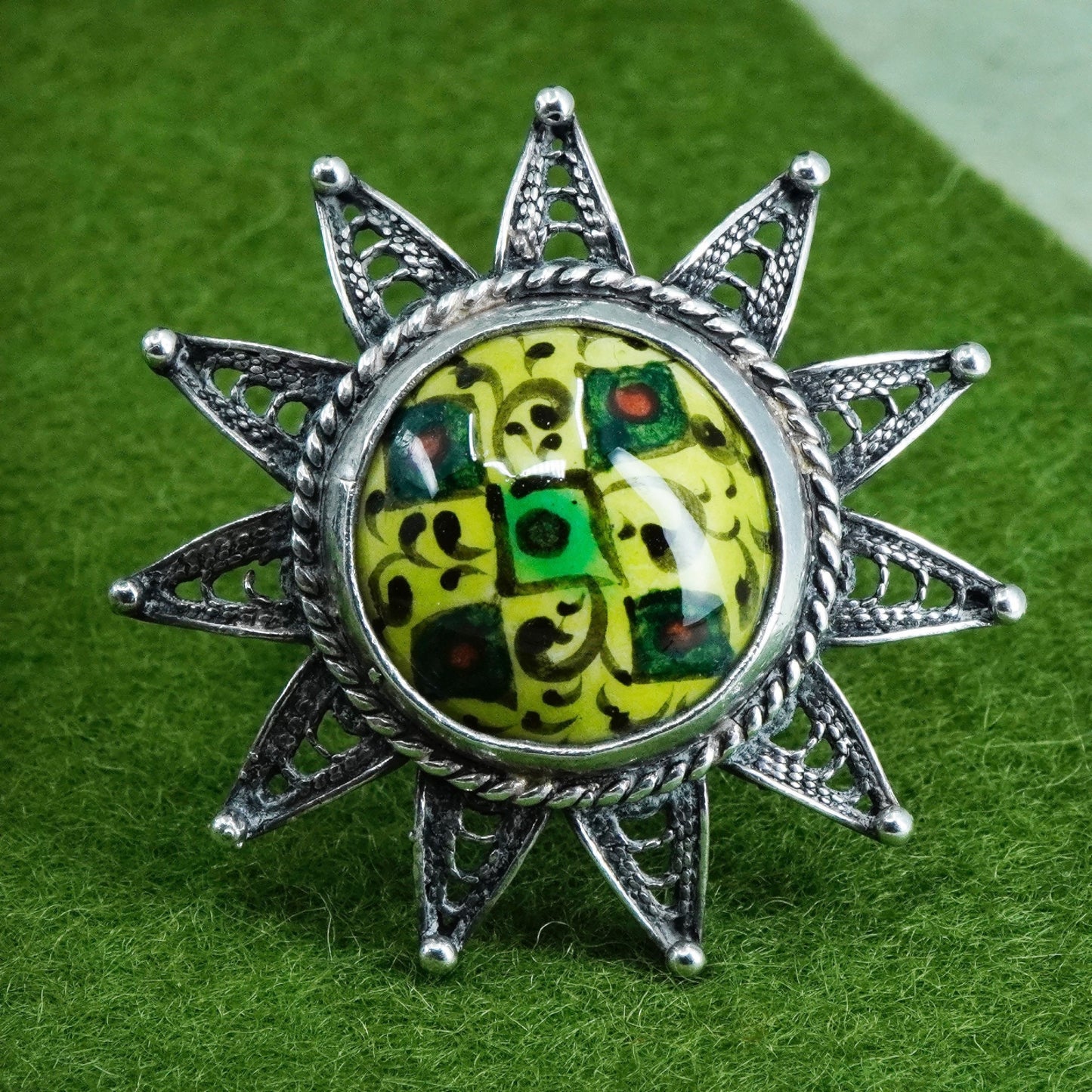 Size adjustable, Sterling silver ring, 925 filigree flower band artisan glass